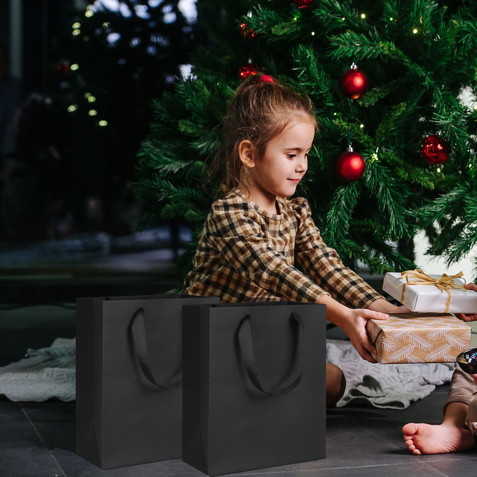 12 Pack Black Gift Bags with Ribbon Handles - 8x4.75x10 Inch Medium Kraft Paper Bags for Party Favors, Business Gifts, Weddings, Holidays & Christmas - Perfect for Birthday Parties, Corporate Events and Festive Celebrations