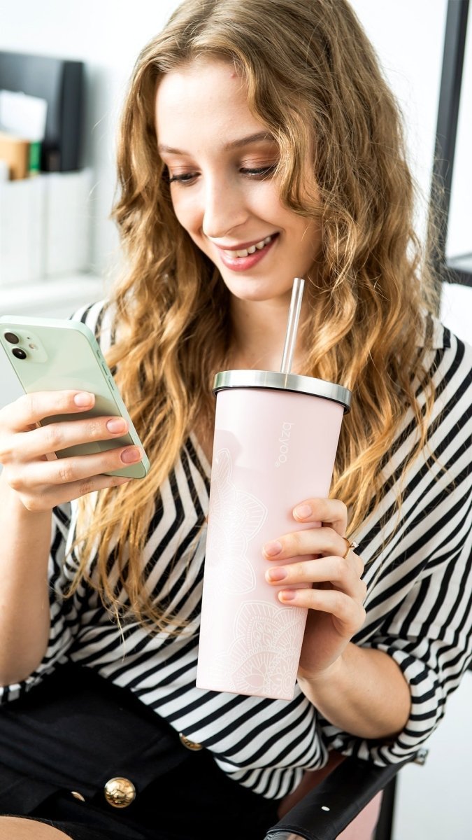 24oz Double Wall Vacuum Insulated Stainless Steel Tumbler with Straw Lid - La La Mandala Pink | Leakproof Travel Mug for Hot & Cold Drinks | Perfect for Gym, Office, Hiking & Outdoor Activities
