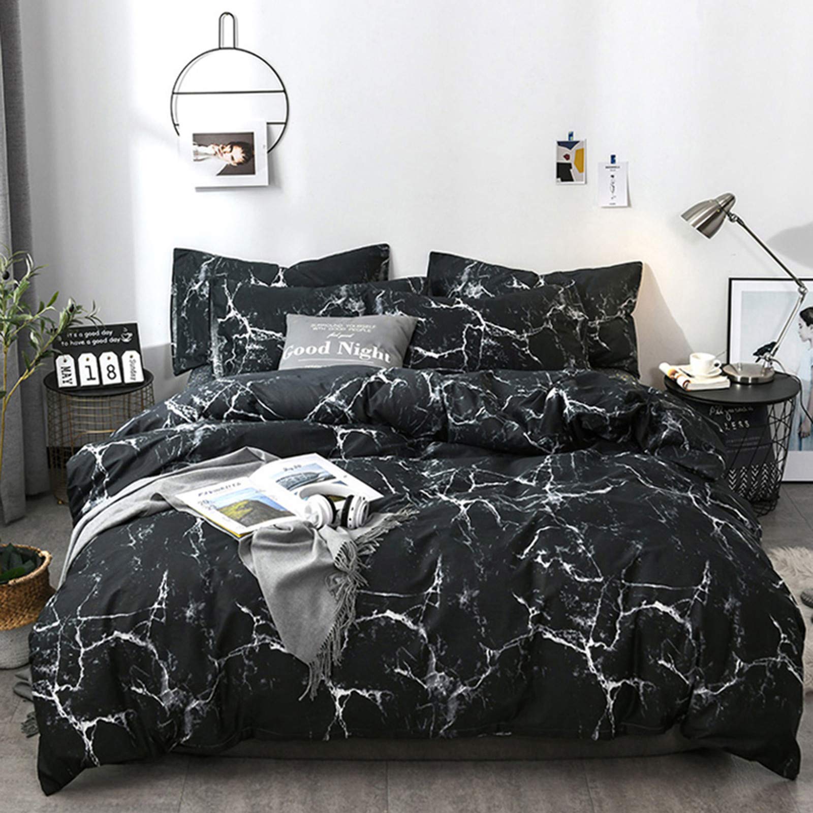 Black Marble Comforter Set King Size - Modern Abstract Gothic Bedding with Breathable Soft Cotton - Black and White Quilted Blanket for Adults & Teens - Perfect for Gothic, Boho & Contemporary Bedrooms