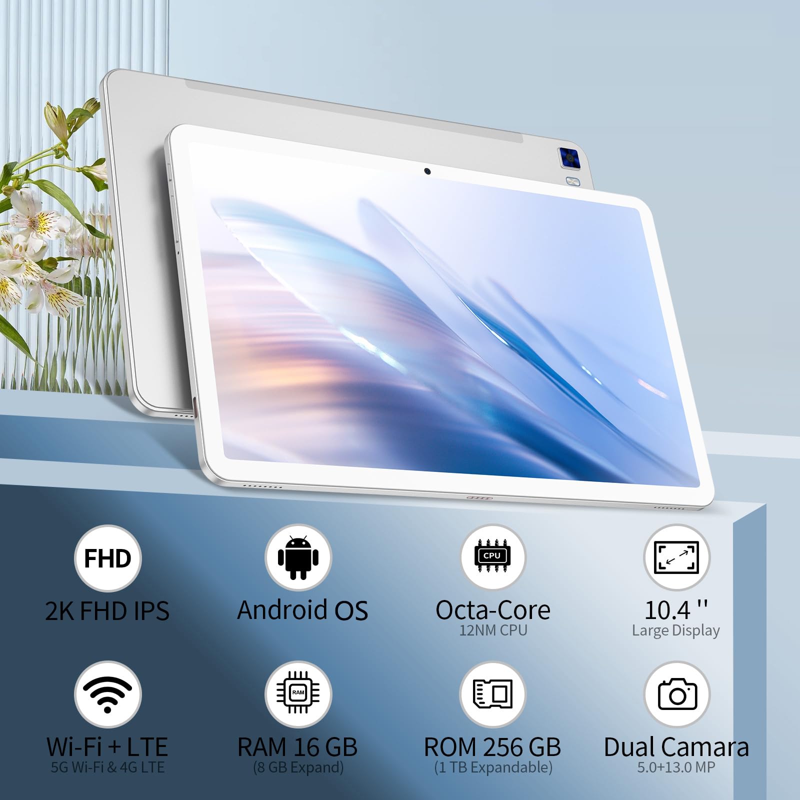 VASOUN 10 inch Android Tablet - 16GB RAM 256GB Storage, Octa-Core Processor, 5GHz WiFi, 2K FHD IPS Screen, Aluminum Body with White PU Case - Perfect for Work, Study, and Entertainment