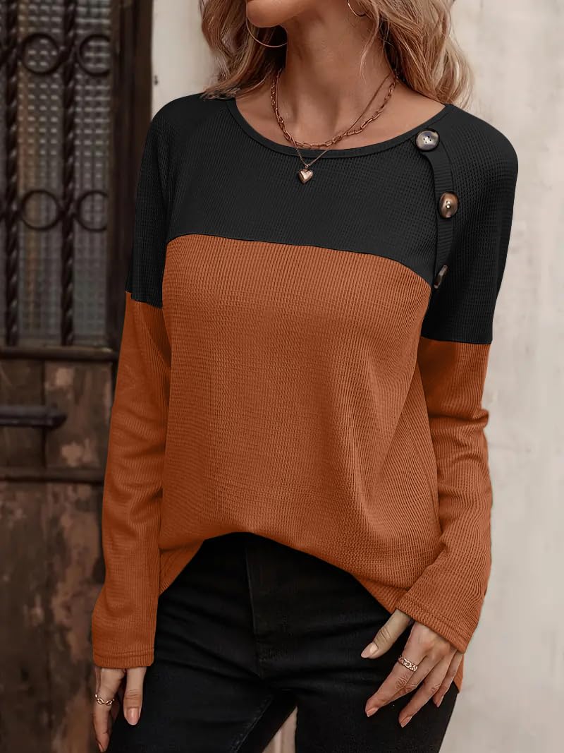 Zeagoo Women's Long Sleeve Waffle Knit Colorblock Tunic Top with Button Detail - Casual Fall Layering Shirt for Work, Date Night & Weekend Outfits