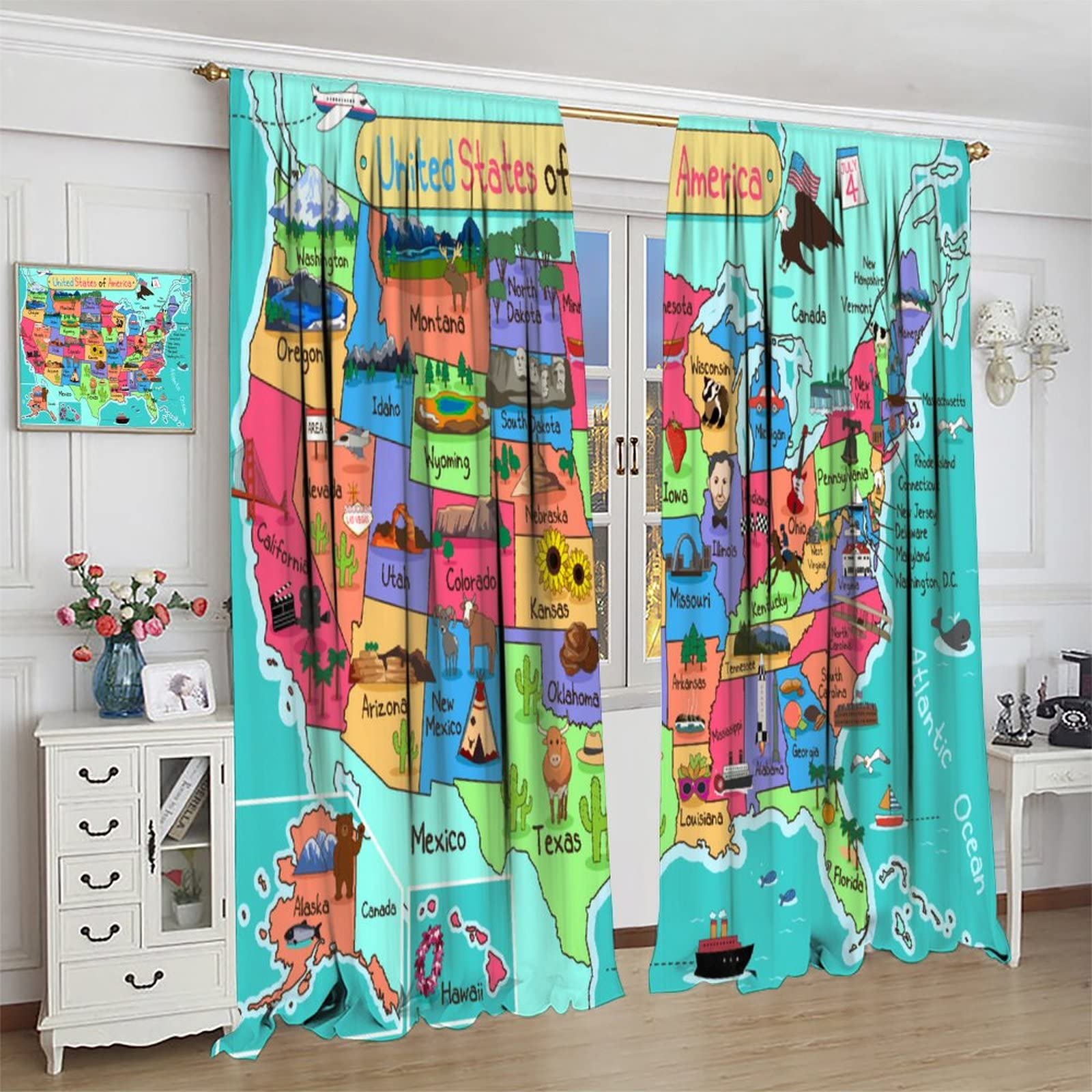 Kids USA Map Curtains - Fun Geography Educational Window Drapes for Boys & Girls Bedroom, Nursery, Living Room Decor - 2 Panel Set 42x54 Inches - Perfect for Learning American States & Home Schooling Decor