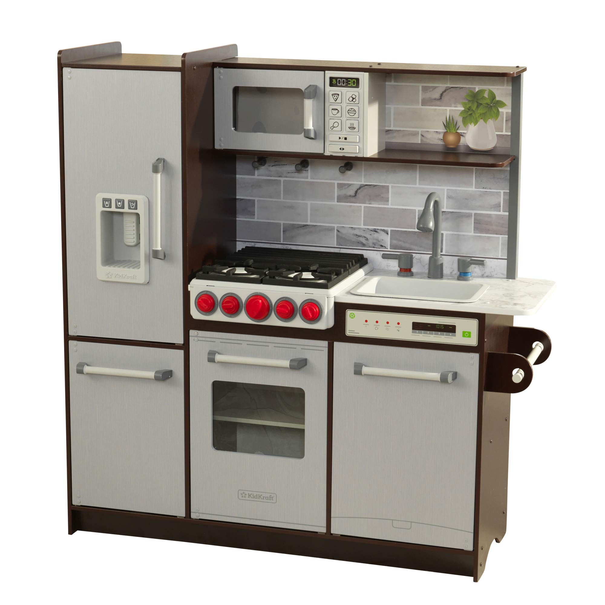 KidKraft Uptown Elite Espresso Play Kitchen - Wooden Pretend Play Set with Lights, Sounds & Working Ice Maker | EZ Kraft Assembly™ | Click & Turn Knobs | Educational Toy Gift for Kids Ages 3+ | Perfect for Imaginative Play, Role-Playing & Early Childhood Development