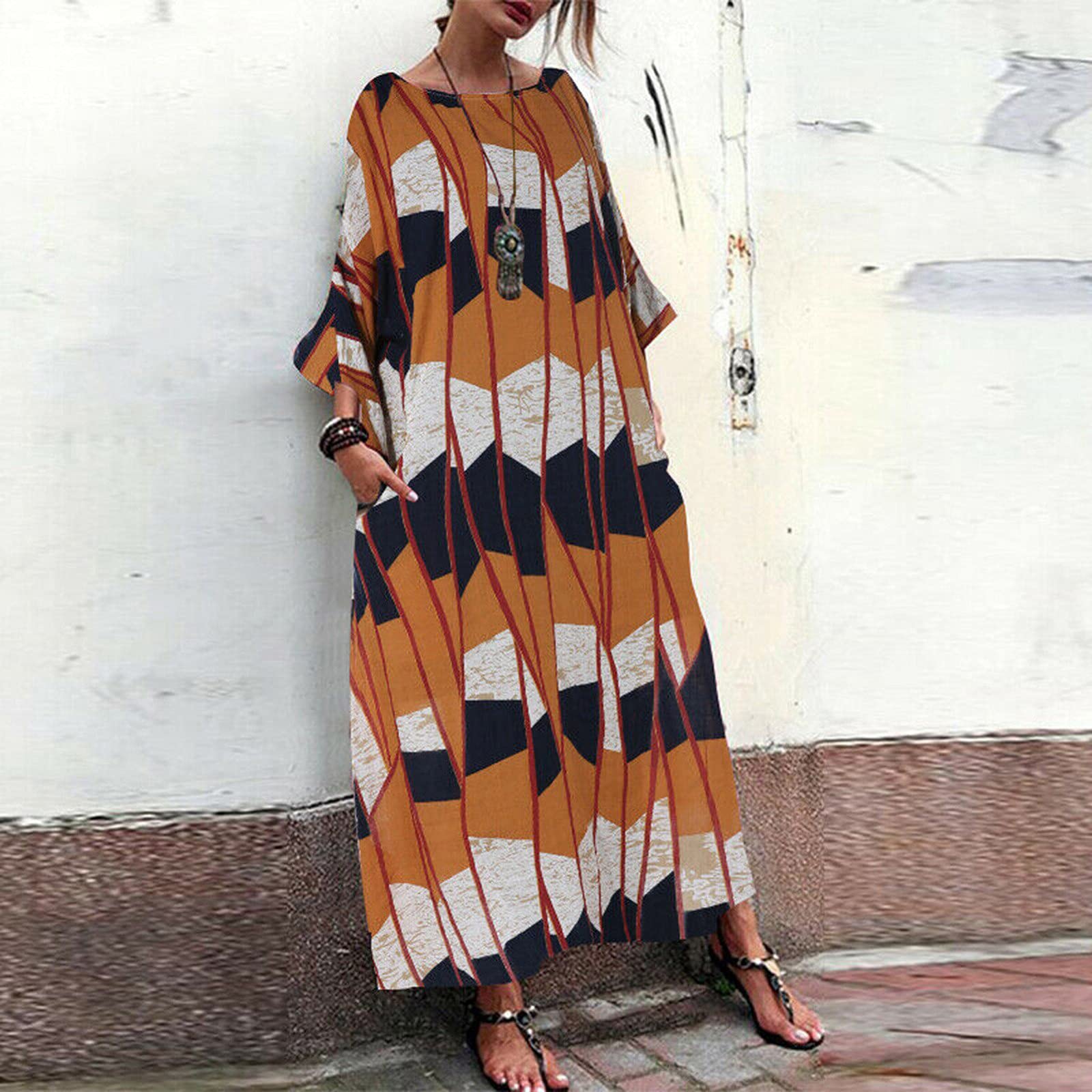 Women's Plus Size Summer Maxi Dress - Casual Loose Fit Cotton Linen Blend Floral Print Long Dress (Yellow, XXXL) for Beach Vacation, Outdoor Picnic & Boho Style Fashion