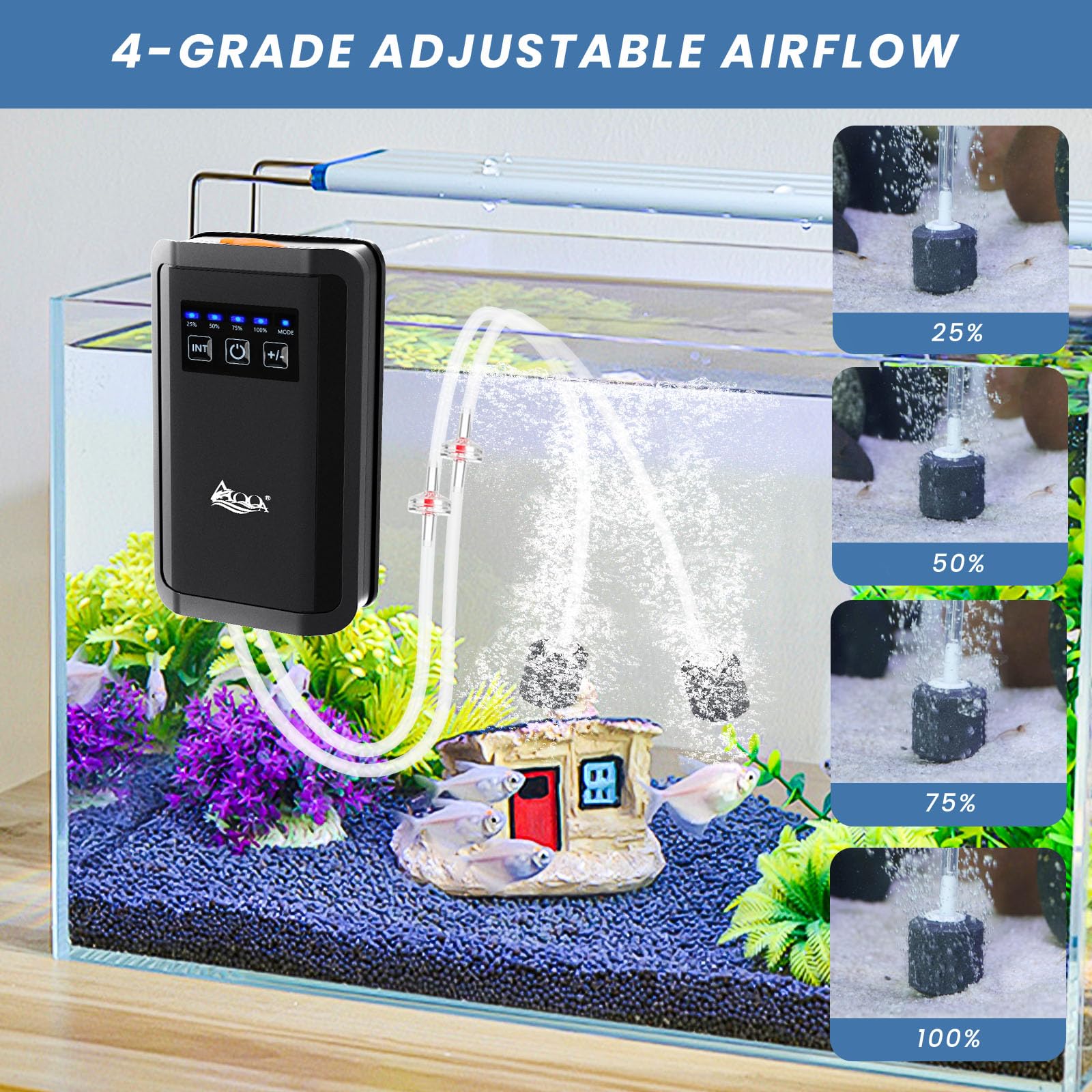 **AQQA Quiet Rechargeable Aquarium Air Pump - 5W 150GPH Battery Operated Fish Tank Oxygen Aerator with Dual Outlets, Air Stones & Tube - Perfect for Home, Office, or Outdoor Fish Tanks**