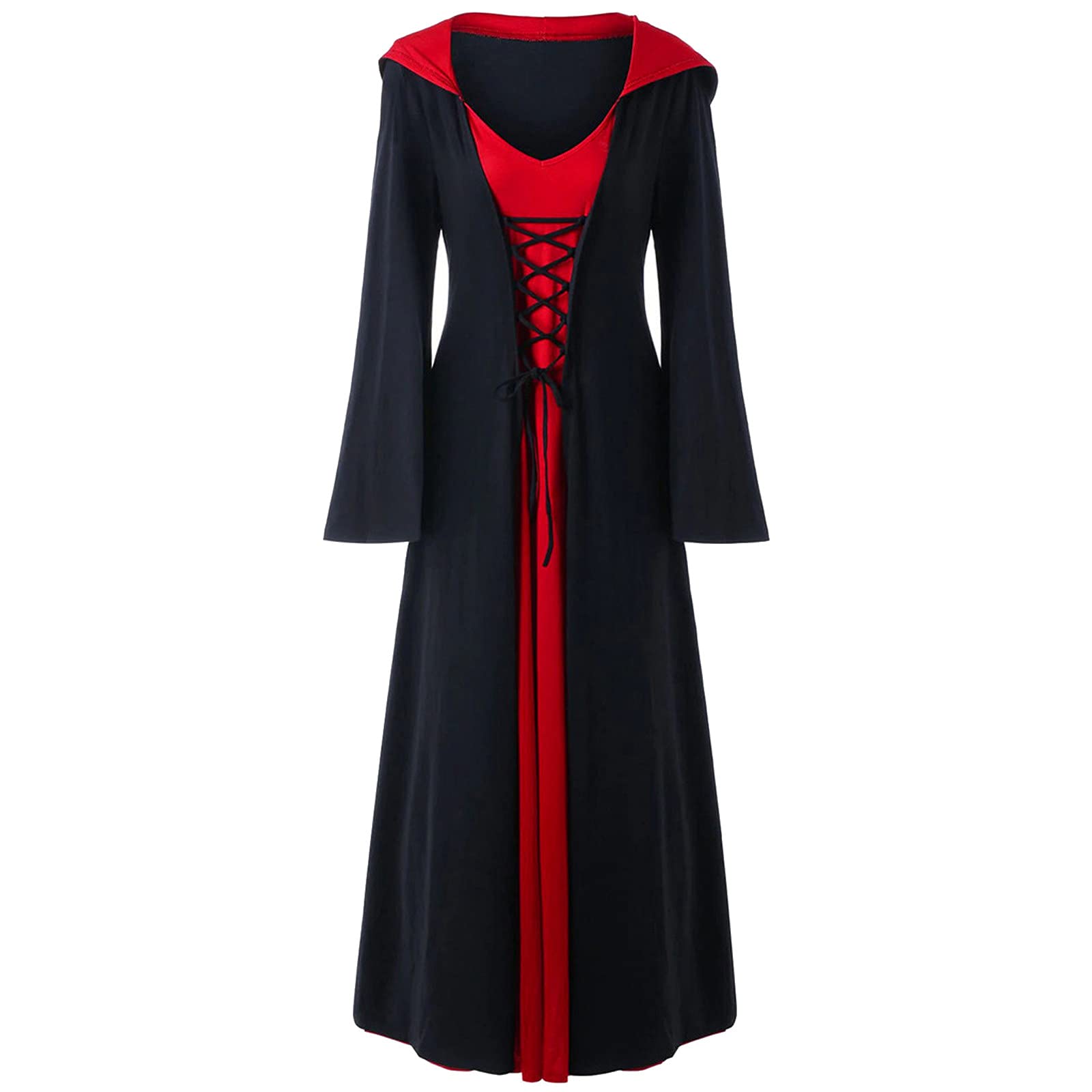 UNIROSE Women's Christmas Party Dress Plus Size Hooded Lace-Up Patchwork Long Sleeve Maxi Dress for Holiday Gatherings, Family Reunions & Winter Celebrations