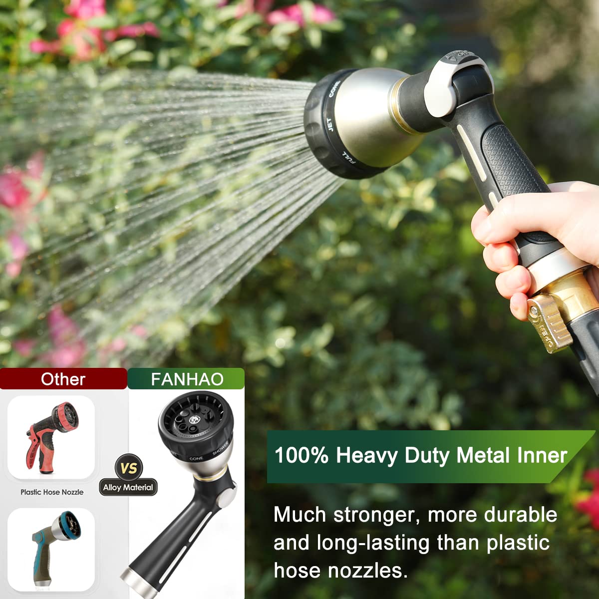 FANHAO Heavy Duty Garden Hose Nozzle with Thumb Control - 8 Spray Patterns for Watering, Washing Cars & Outdoor Cleaning