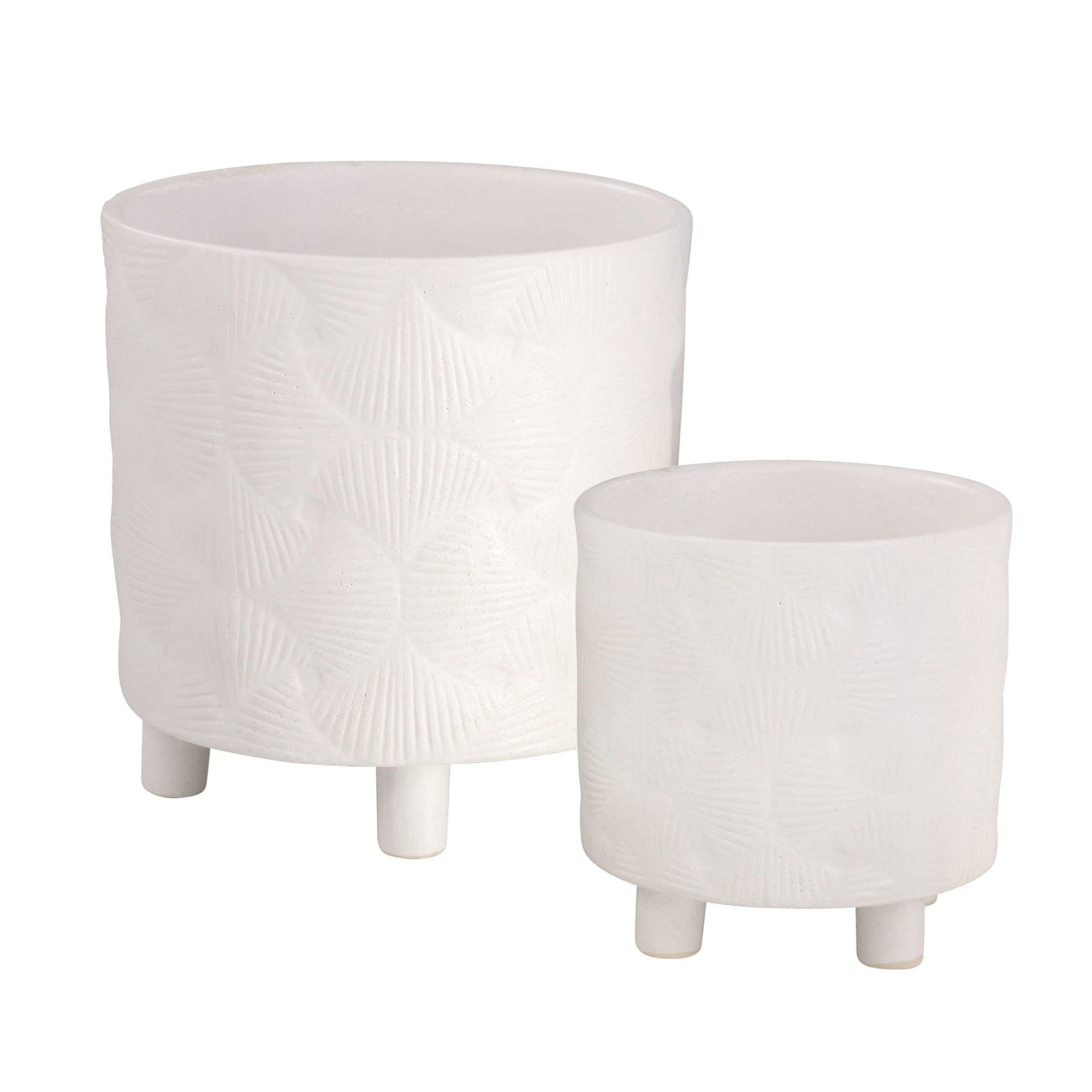 Set of 2 White Embossed Shell Design Ceramic Planters with Footed Base - 9 Inch Indoor/Outdoor Flower Pots for Home Garden, Patio, and Balcony Decor