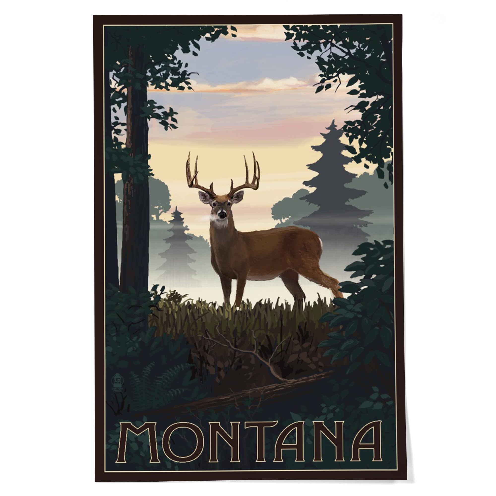 Lantern Press 24x36 Inch Giclee Art Print - Montana Landscape with Deer and Sunrise - Premium Wall Decor for Living Room, Bedroom & Office