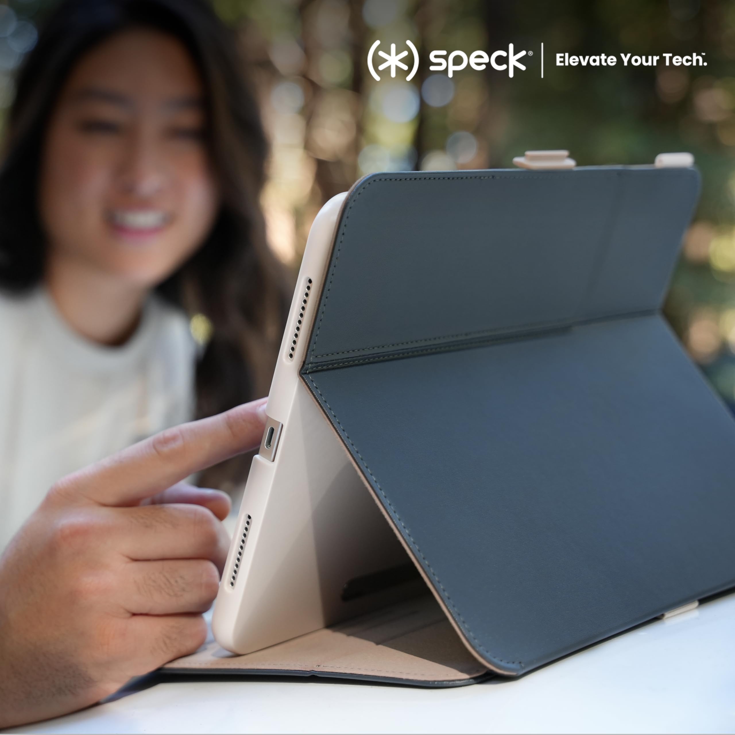 Speck iPad Air 11 Case (2024/2022/2020, 6th/5th/4th Gen) - Slim Protective Cover with Pencil Holder, Drop & Camera Protection, Multi-Angle Stand - Black/Black/White | Perfect for Work, Travel & Everyday Use