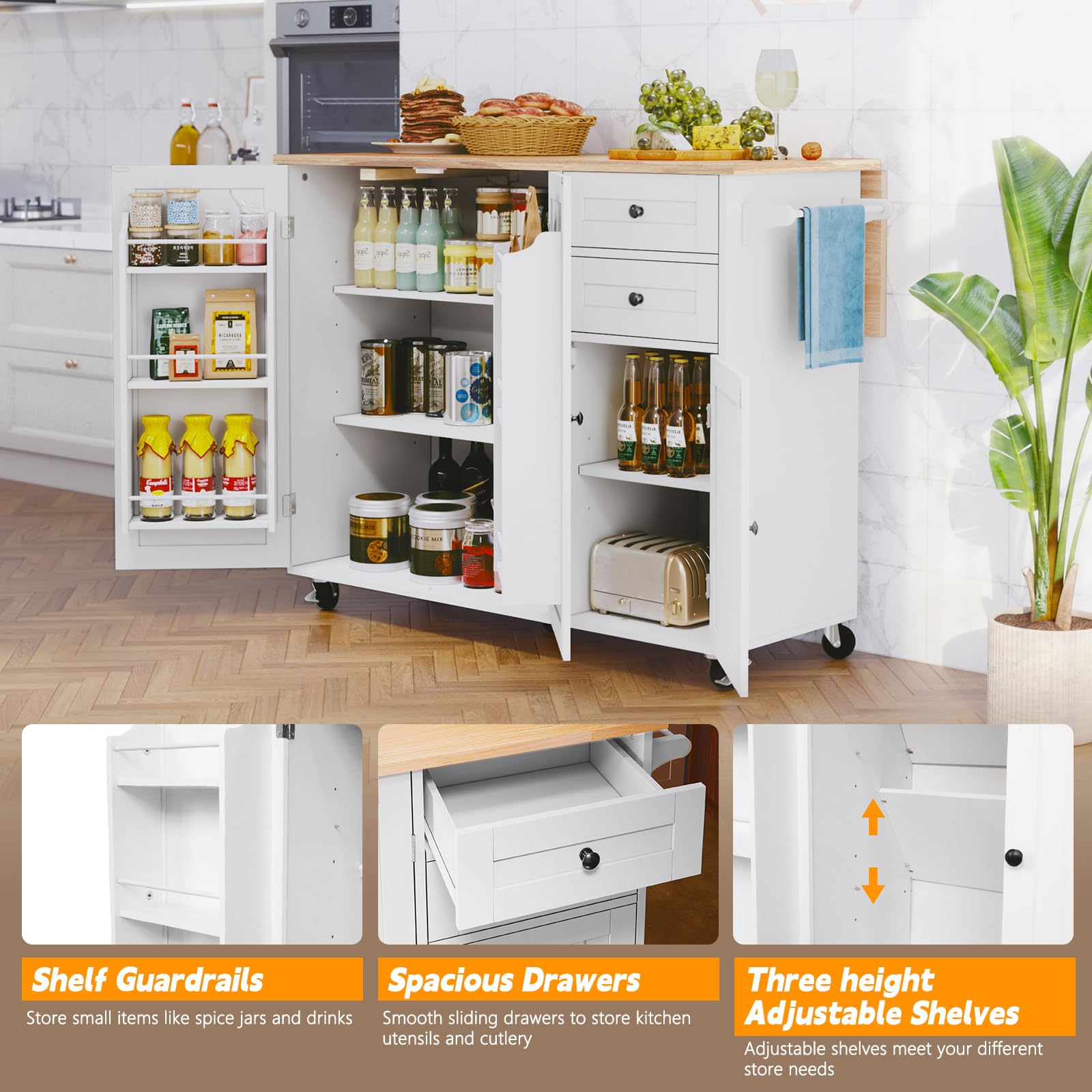 HLR Mobile Kitchen Island with Storage - Rolling Cart with Drop-Leaf Breakfast Bar, Spice Rack & Tower Shelves - Perfect for Small Kitchens, Apartments & Entertaining