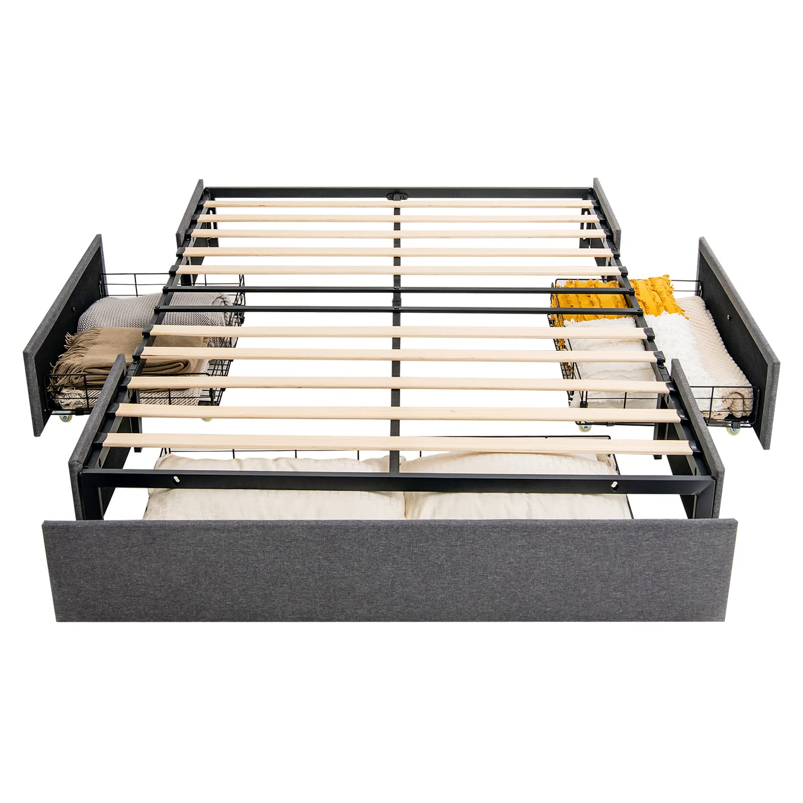 GOFLAME Full Size Platform Bed Frame with 3 Storage Drawers - Upholstered Wooden Slatted Bed, Modern Mattress Foundation with Faux Linen Fabric - No Box Spring Needed, Noise Free, Headboard-Free Design - Perfect for Small Bedrooms, Guest Rooms & Modern Apartments