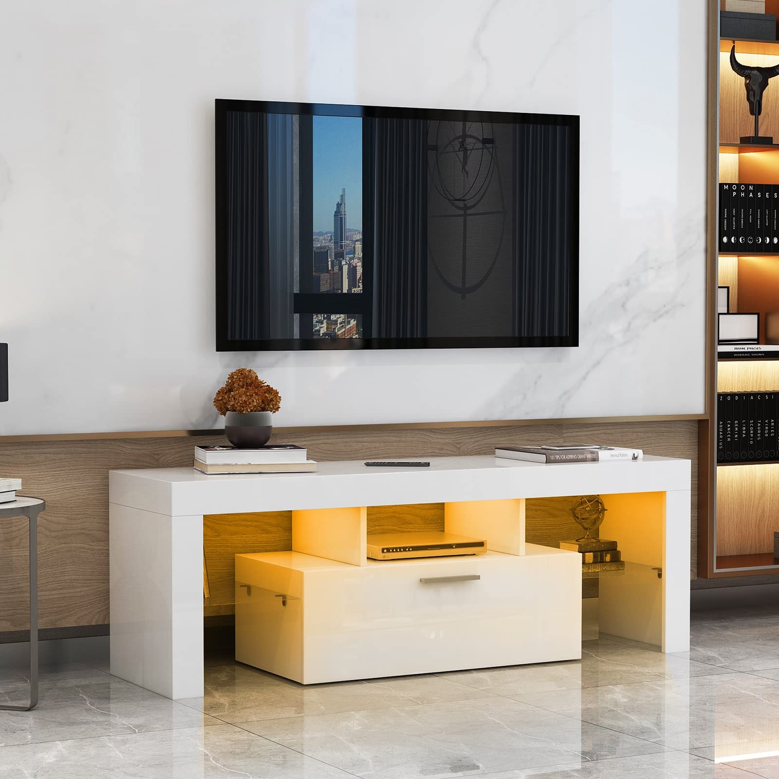 Modern TV Stand with 16-Color LED Lights - High Gloss Entertainment Center Console Table for 45-55 Inch TVs - White TV Cabinet for Living Room & Bedroom - Perfect for Movie Nights & Gaming Setup