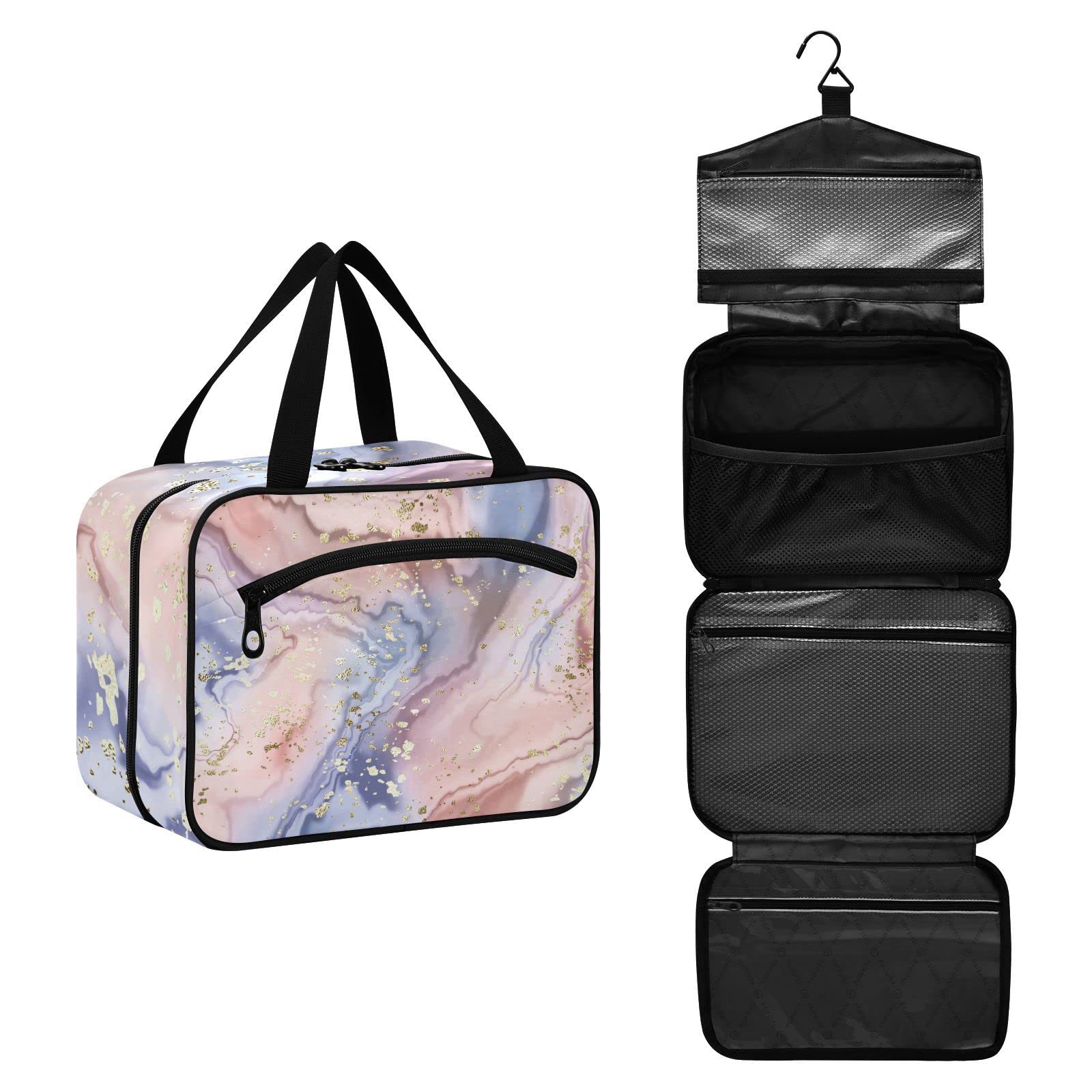 Gold Glitter Rose Marble Travel Toiletry Bag - Hanging Cosmetic Organizer for Women | Perfect for Vacation & Gym