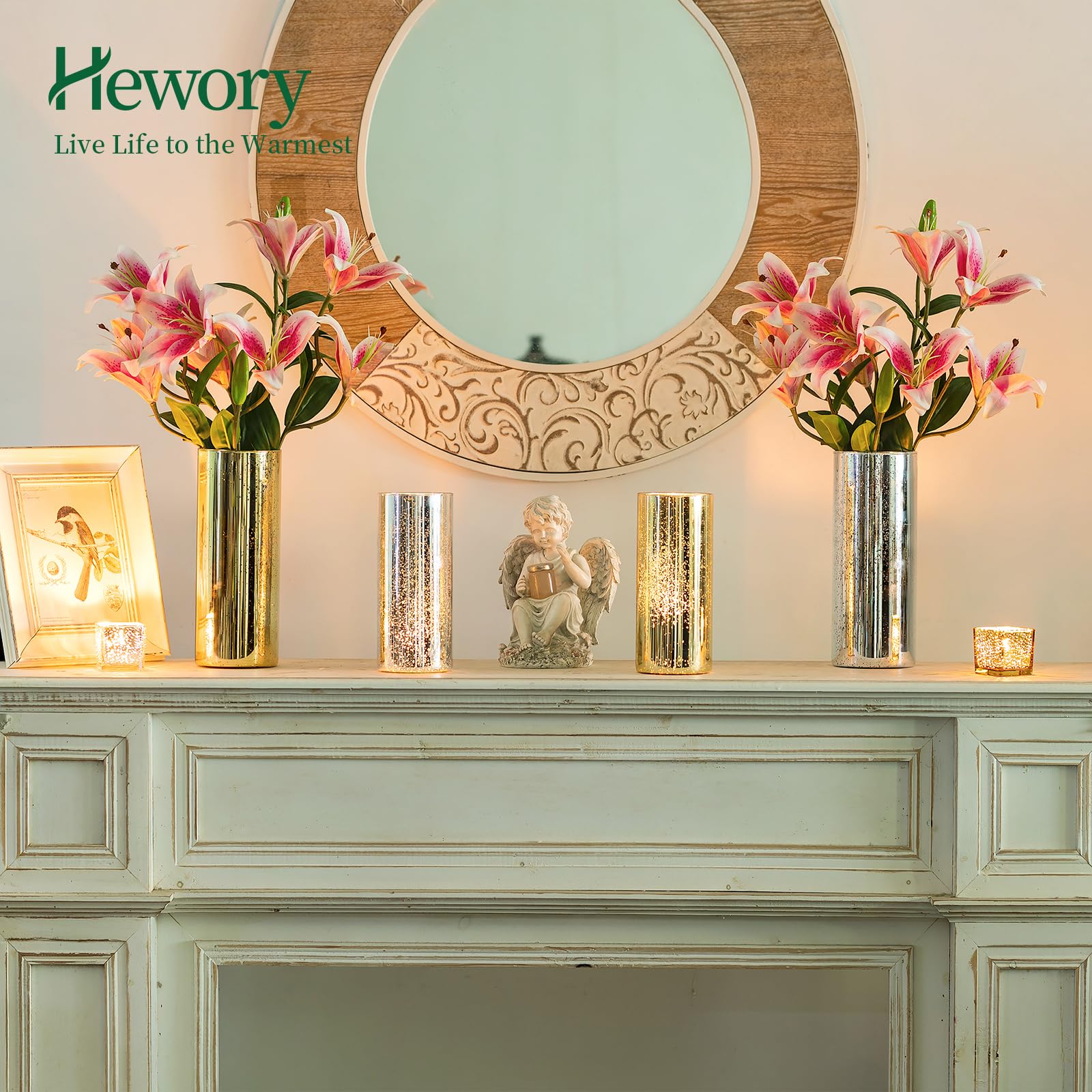 Hewory Glass Hurricane Candle Holders - 12 Pack Gold Mercury Glass Cylinder Vases for Pillar Candles, Perfect for Christmas, Wedding, Party & Holiday Table Centerpiece Decor - Elegant Home and Event Lighting Solution