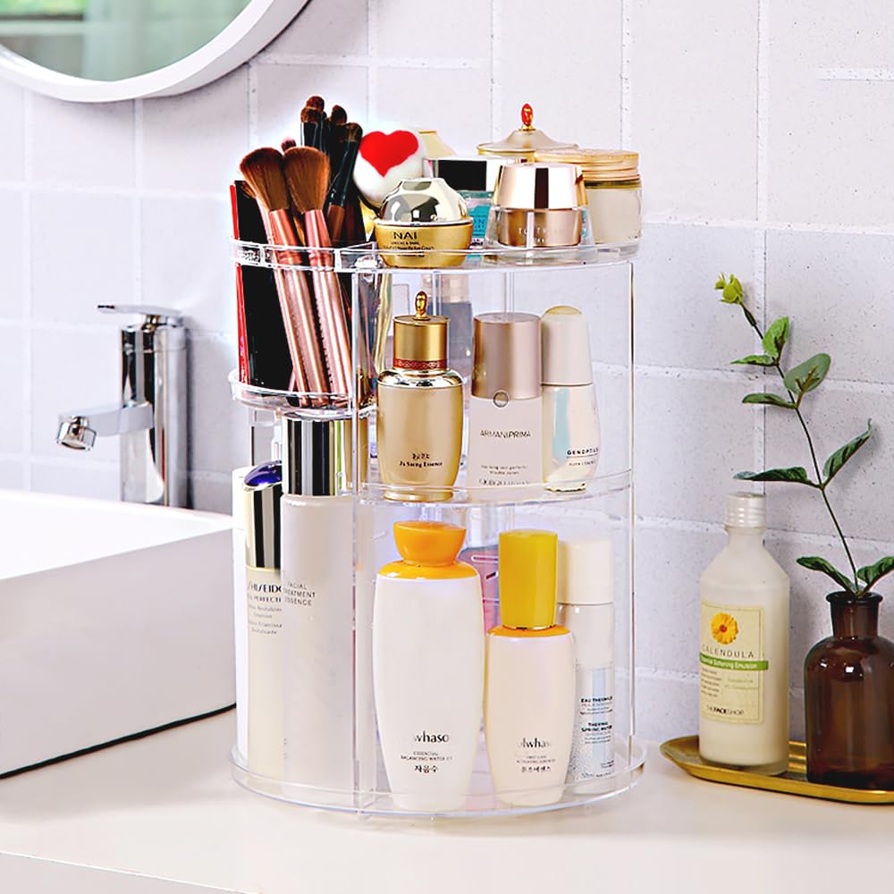 360° Rotating Makeup Organizer with Brush Holder - Adjustable Detachable Shelves Cosmetic Display Case for Skincare, Perfume & Beauty Products - Perfect for Bedroom Dresser, Bathroom Countertop & Vanity Organization