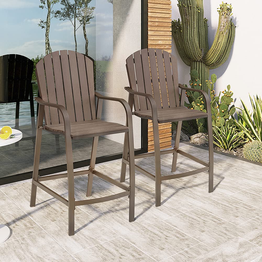 Heavy Duty Aluminum Frame Brown Patio Bar Stools - All Weather Wood Counter Height Chairs for Indoor & Outdoor Use - Perfect for Backyard, Deck, Garden & Kitchen Island - Pack of 2 (Brown)
