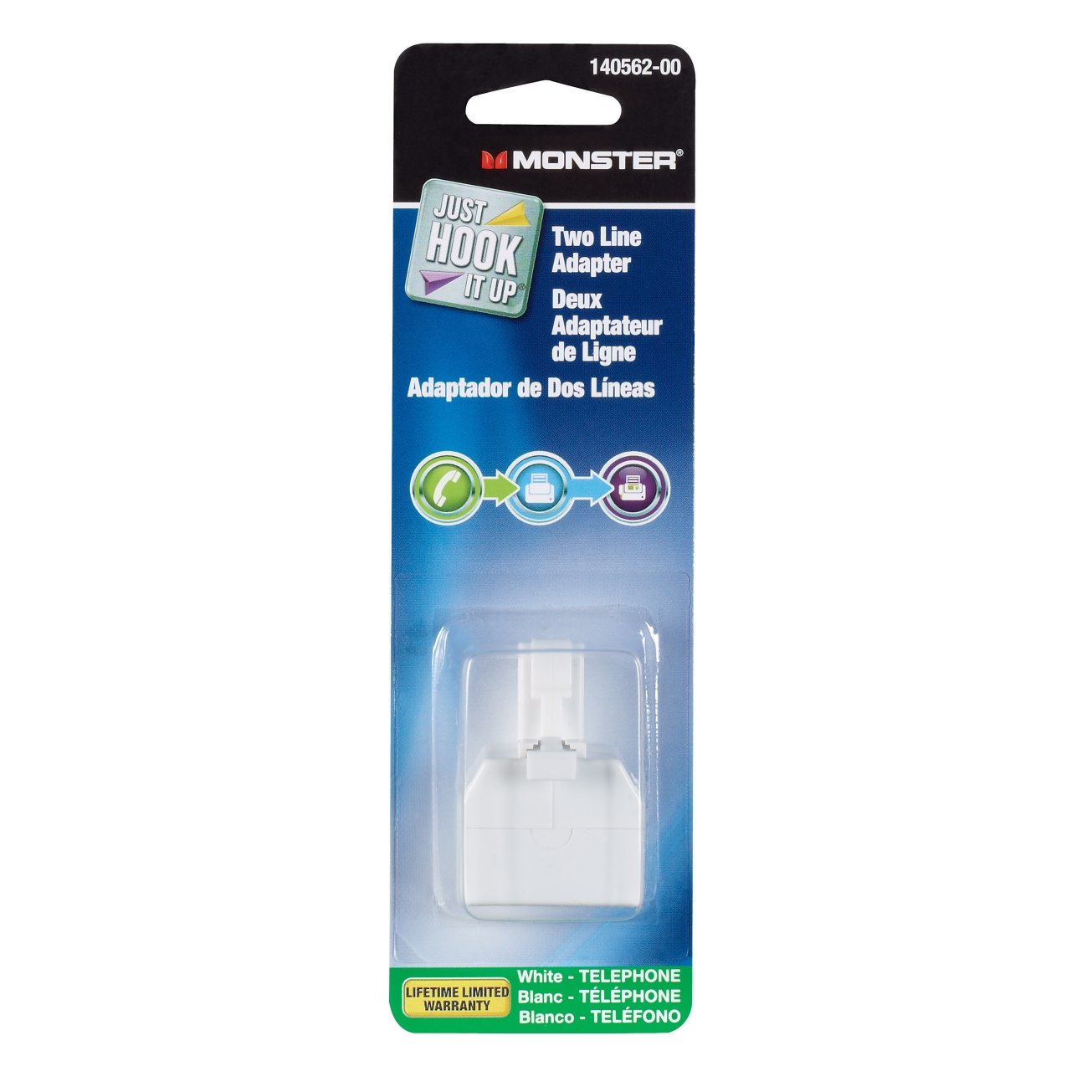 Monster Cable 2-Line Duplex Phone Adapter - 4-Conductor White Phone Jack Splitter for Home & Office Use