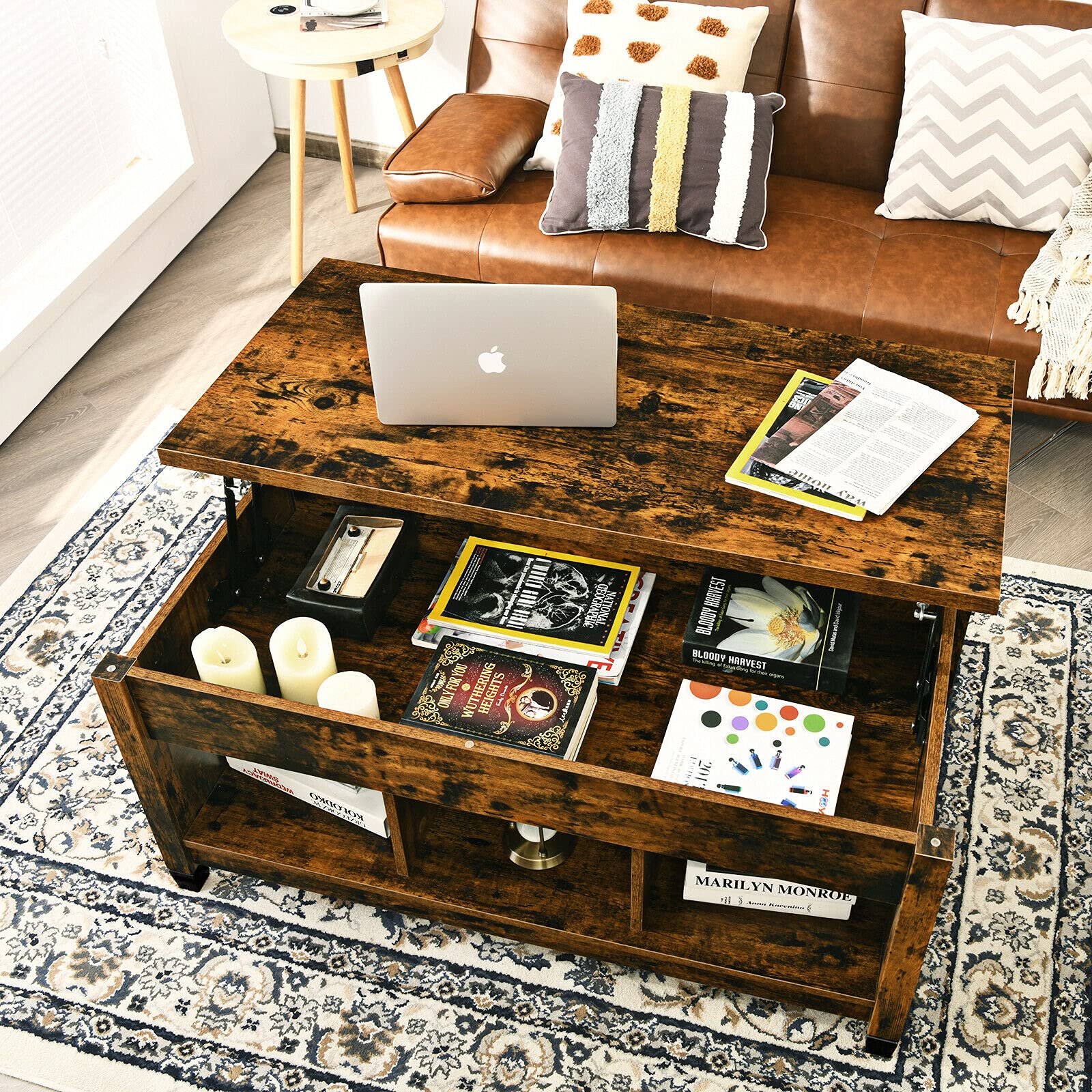 Lift Top Coffee Table with Hidden Storage Compartment & Display Shelves - Rustic Brown Retro Center Table for Living Room, Bedroom, Home & Office - Perfect for Tea Time, Dining, and Extra Storage Space