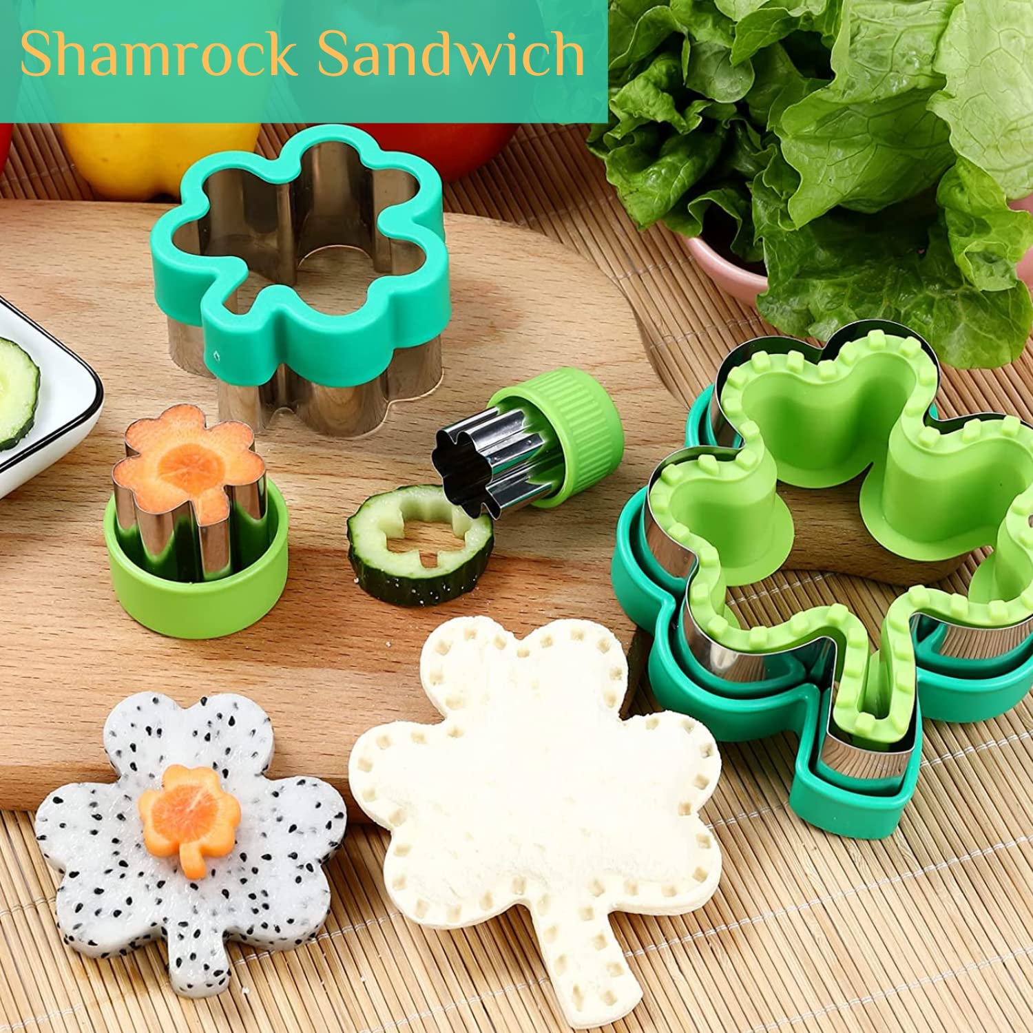Crethinkaty 8-Piece Shamrock Sandwich Cutters & Sealer Set - Mini Cookie Cutters & Stamps for Easter, St. Patrick's Day (Random Colors) - Perfect for Kids' Lunches, Party Snacks & Holiday Baking