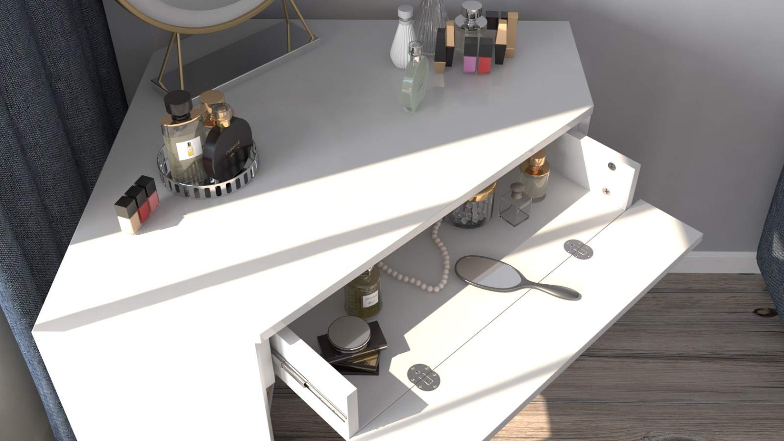 Stylish White Gloss Modern Corner Vanity with Mirror - Perfect for Small Bathrooms & Bedroom Makeup Stations