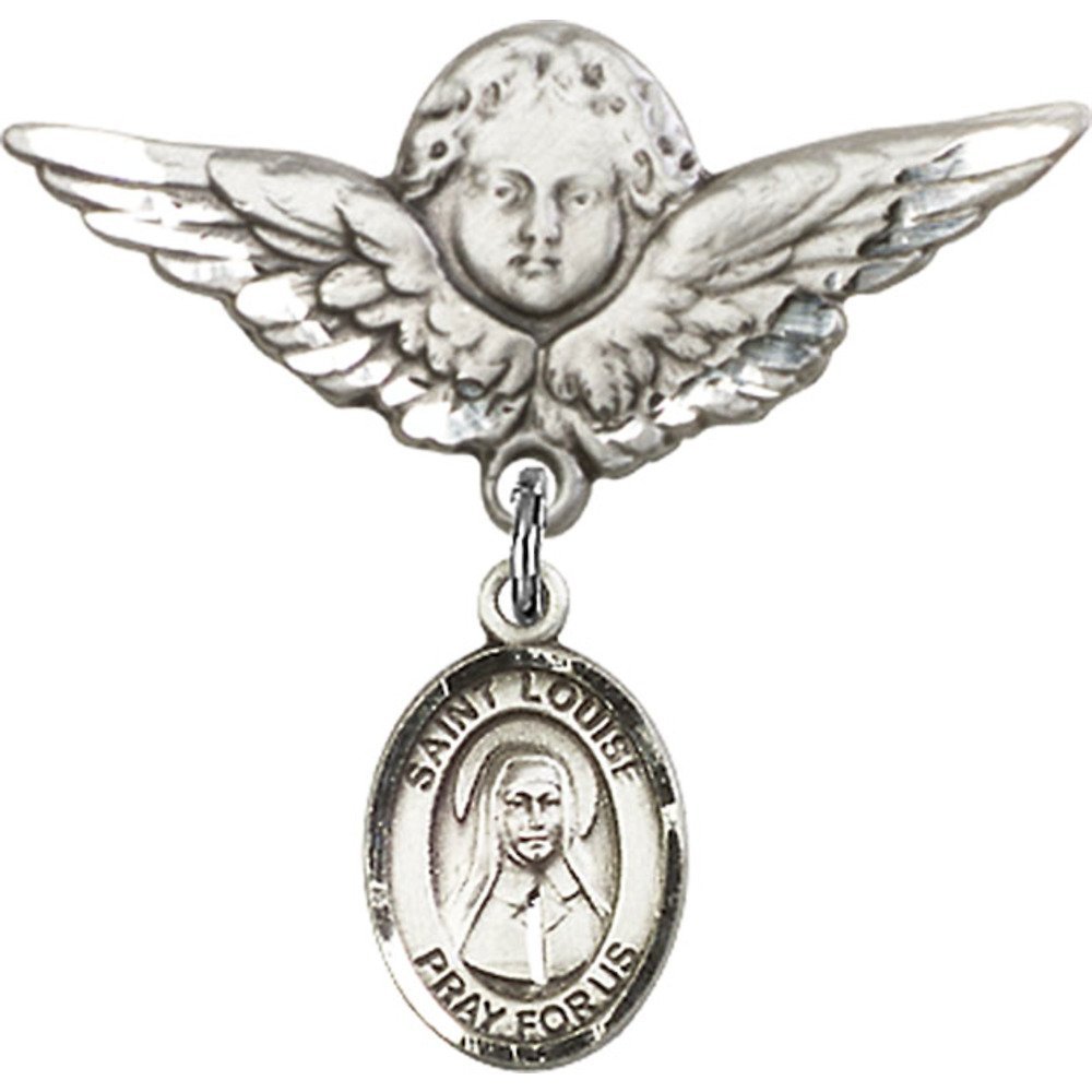 Sterling Silver Baby Badge Pin with St. Louise de Marillac Charm & Angel Wing Design - Perfect for Christening, Baptism Gifts & Newborn Keepsakes