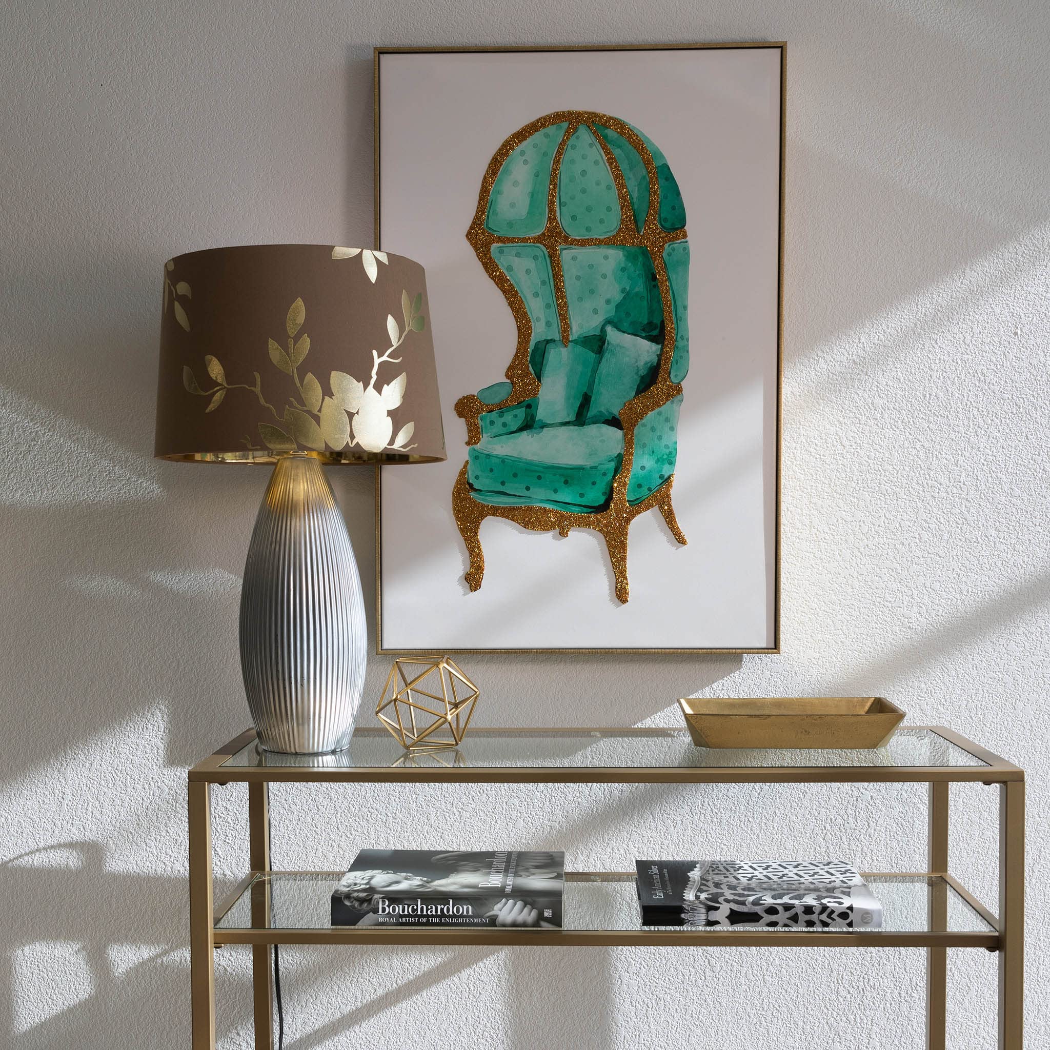 Hand-Painted 3D Gold Rhinestone Wall Art - Framed Canvas with Teal Background, Blue & Gold Home Decor (24x36