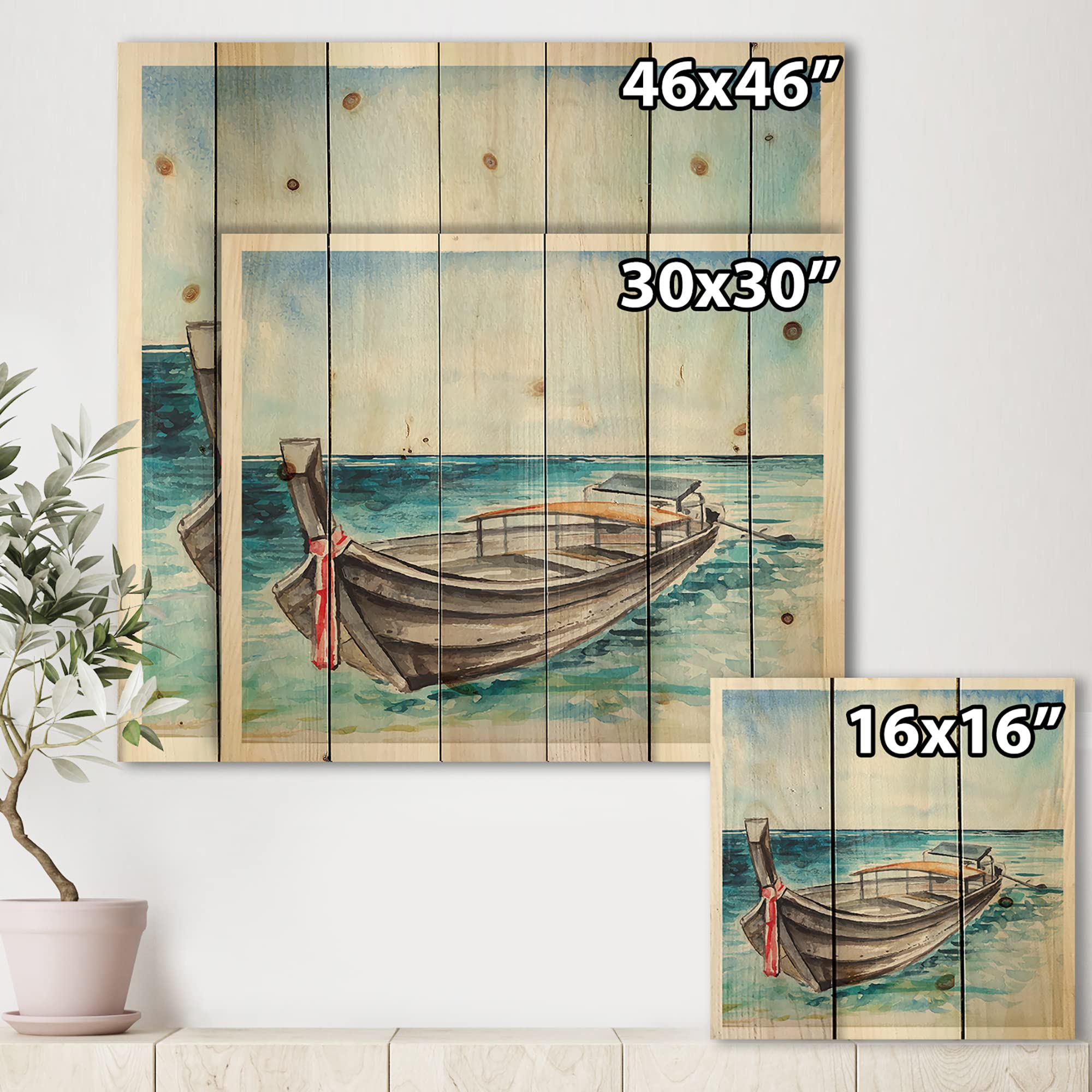 Nautical Coastal Wood Wall Decor - Little Boat At The Shore Blue Wood Wall Art, Large Transportation Wood Panels Printed on Natural Pine | Perfect for Beach House, Living Room & Office Decor