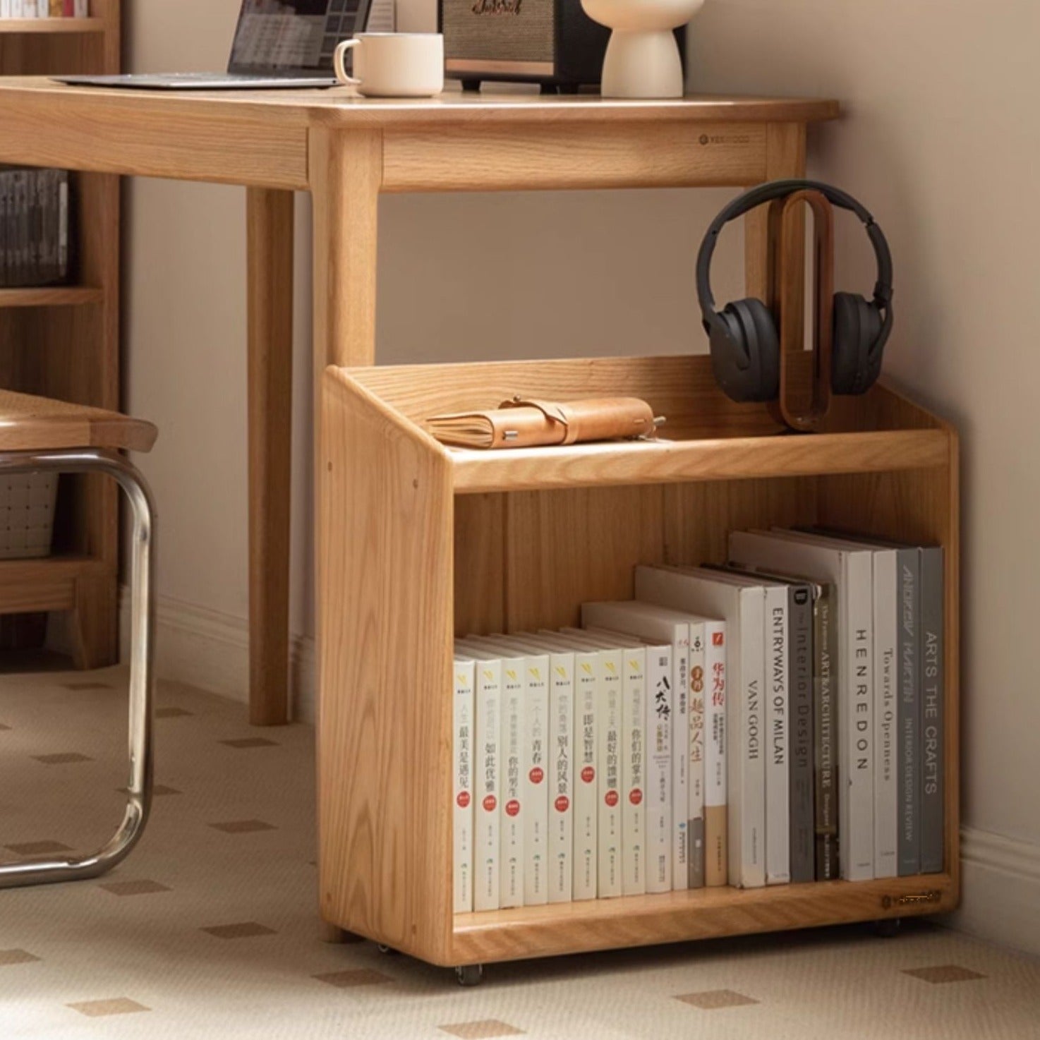 Solid Oak Wood Under Desk Mobile Bookshelf - Rolling Storage Organizer for Home Office, Study, or Kids Room - Perfect for Files, Books, and Supplies