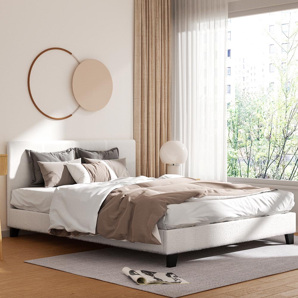 Coogee Queen Bed Frame - Soft White Bouclé Upholstered Platform Bed with Wooden Legs | Modern Bedroom Furniture for Master & Guest Rooms