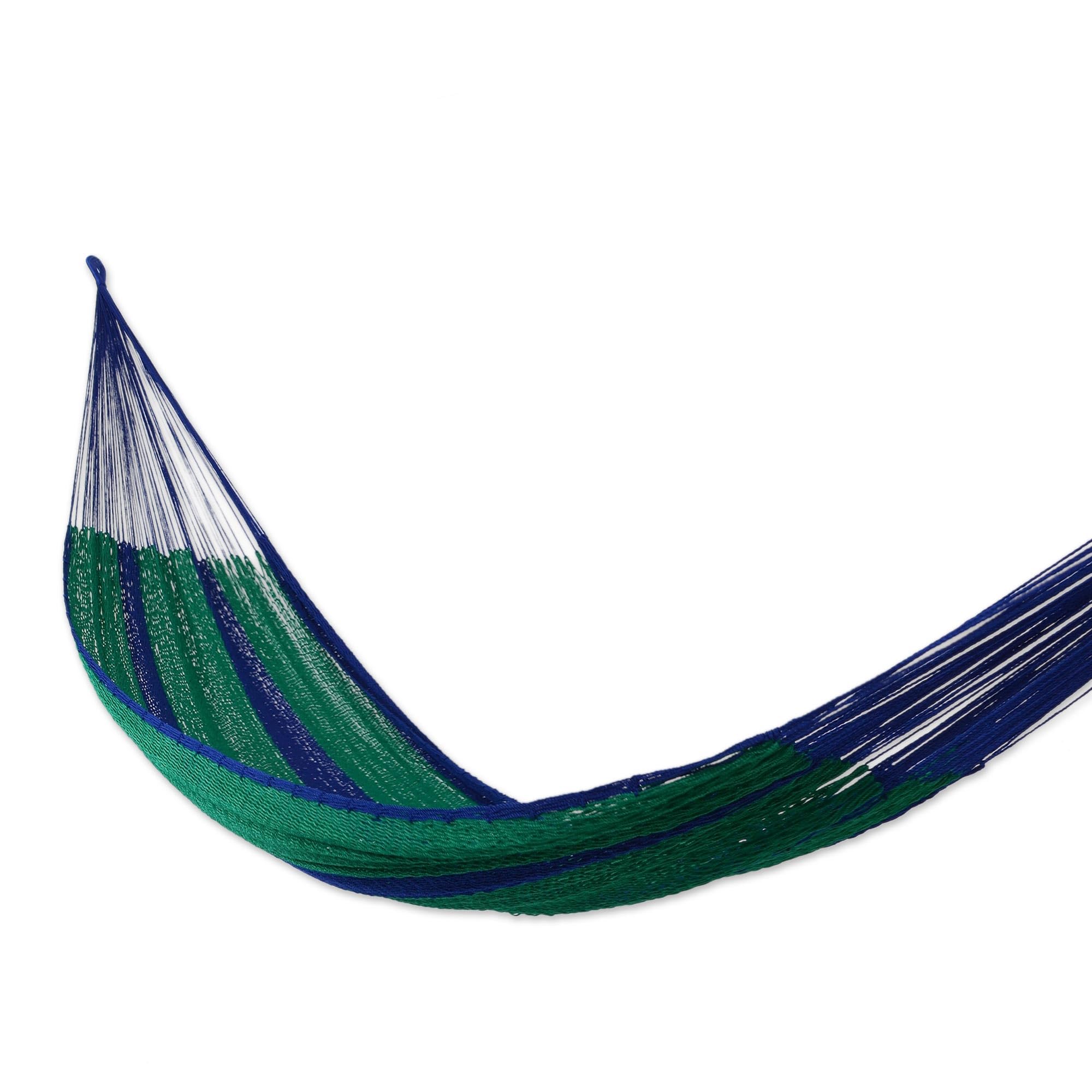 NOVICA XL Double Hammock - Handwoven Mayan Rope Hammock in Green Navy Blue Stripes for 2 Persons | Perfect for Backyard Relaxation & Beach Vacations
