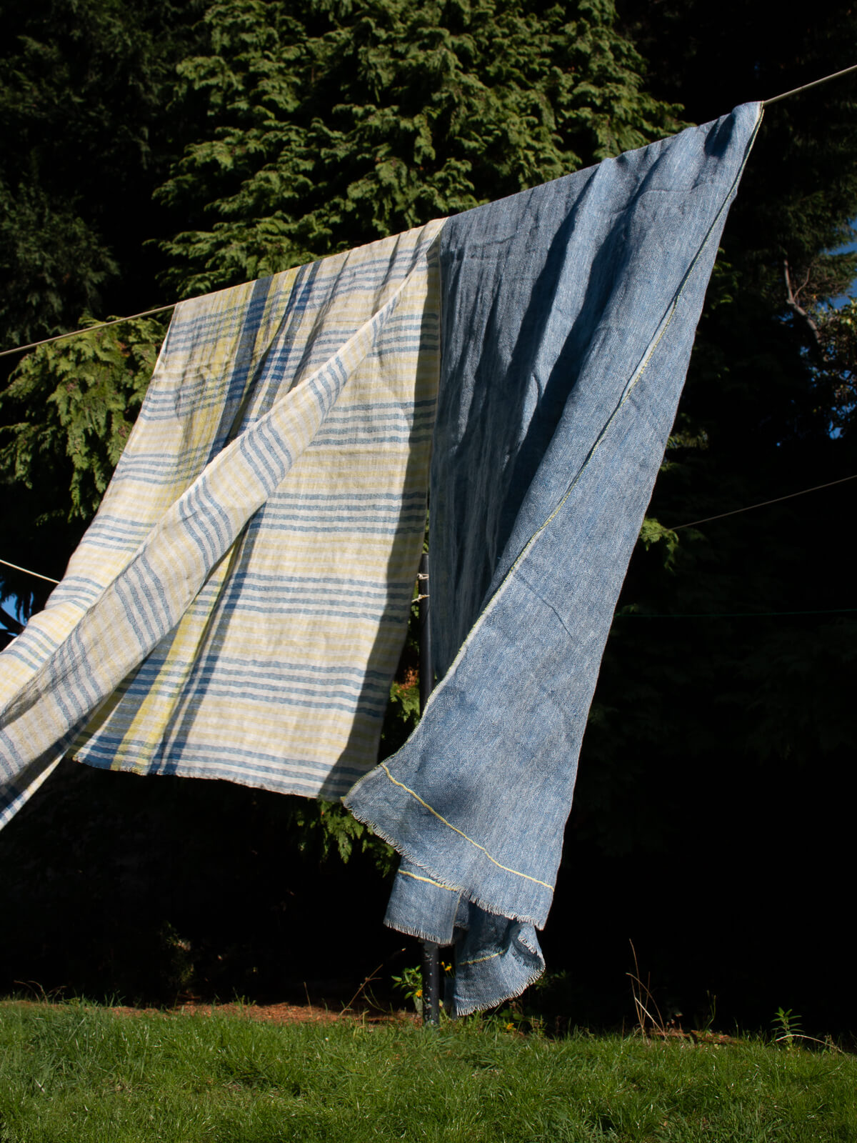 Premium Linen Scarf - Soft & Breathable Indigo & Lemon Striped Wrap - Perfect for Travel, Office & Casual Outfits