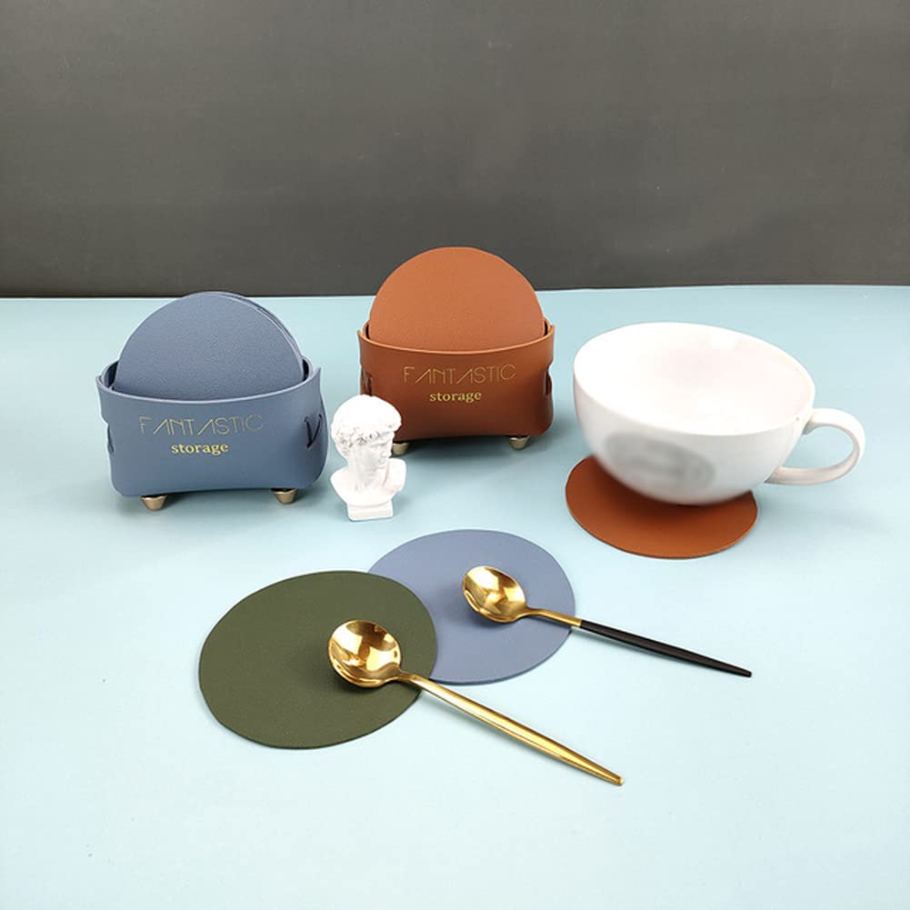Premium 8-Piece Leather Coaster Set with Holder - Heat-Resistant Round Drink Coasters for Coffee, Tea & Cold Beverages - Elegant Dark Green Kitchen & Bar Decor for Home, Office & Restaurant Use