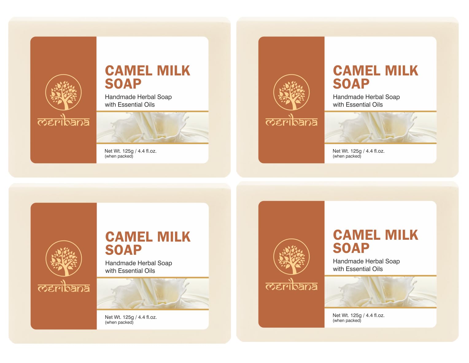 MeriBana Handmade Camel Milk Bath Soap - 4 Pack (4 x 125g) - Natural Moisturizing & Nourishing for Dry & Sensitive Skin - Perfect for Spa, Gift & Daily Skincare Routine
