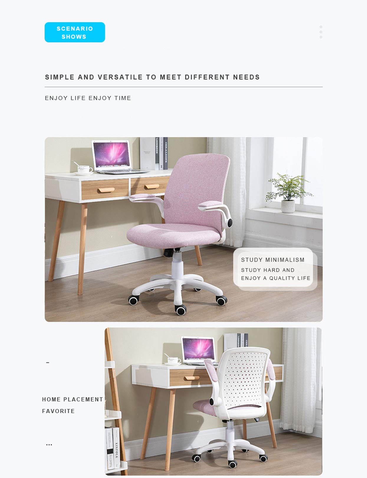 Ergonomic Swivel Desk Chair with Linen Fabric & Breathable Mesh High Back - Easy Assembly Pink Office Chair for Home & Workspaces - Perfect for Long Hours of Computer Work, Gaming, or Studying