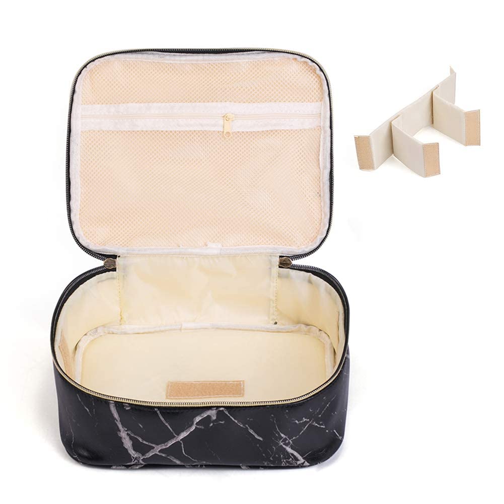 Favria Portable Travel Makeup Bag for Women - Waterproof Cosmetic Organizer with Dividers, Black Marble Toiletry Storage Pouch | Perfect for Travel, Gym & Daily Use