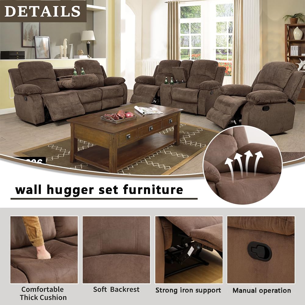 Ainehome 3-Piece Corduroy Recliner Sofa Set with Storage | Modern Taupe Brown Living Room Furniture | Comfortable Sectional Couch for Office, Lounge & Small Spaces