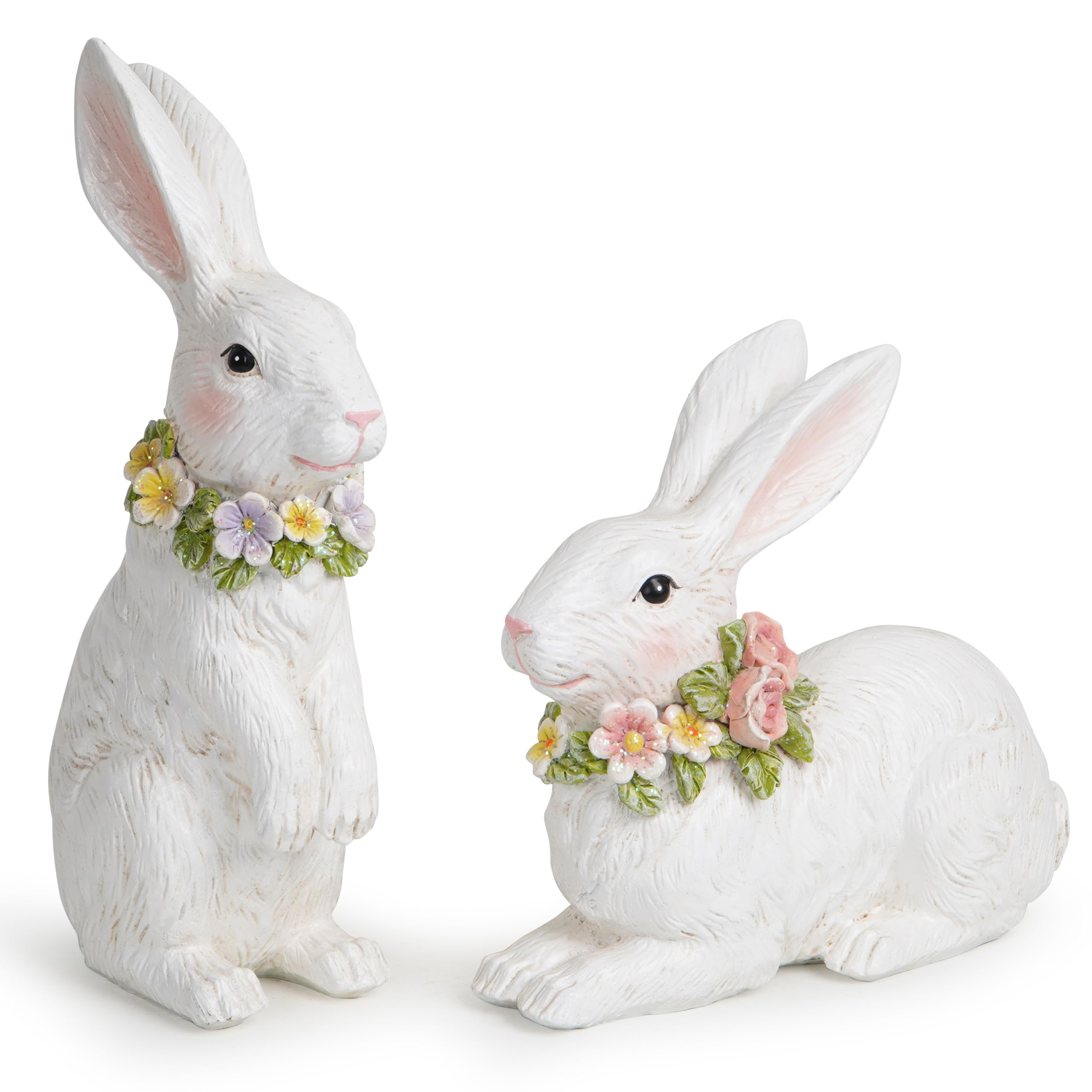 Spring Garden Bunny Figurine Set (2pcs) - White Easter Bunny Decor for Patio, Indoor Home & Garden Accent - Perfect for Easter Decorations, Outdoor Table Centerpieces and Seasonal Gift Ideas
