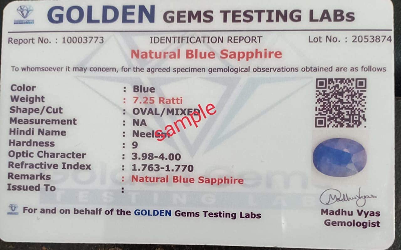 10.62 Carat Natural Blue Neelam Sapphire Gemstone (11.25 Ratti) - Certified Loose Stone for Jewelry Making, Engagement Rings & Healing Crystal Collection