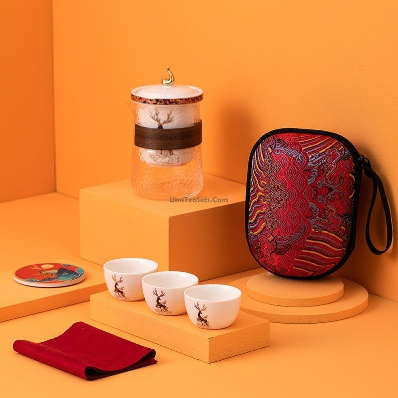 Elegant Glass and Porcelain Deer Travel Tea Set - Portable Tea Cup with Lid for Camping, Picnics & Gifts - Perfect for Outdoor Adventures and Tea Lovers
