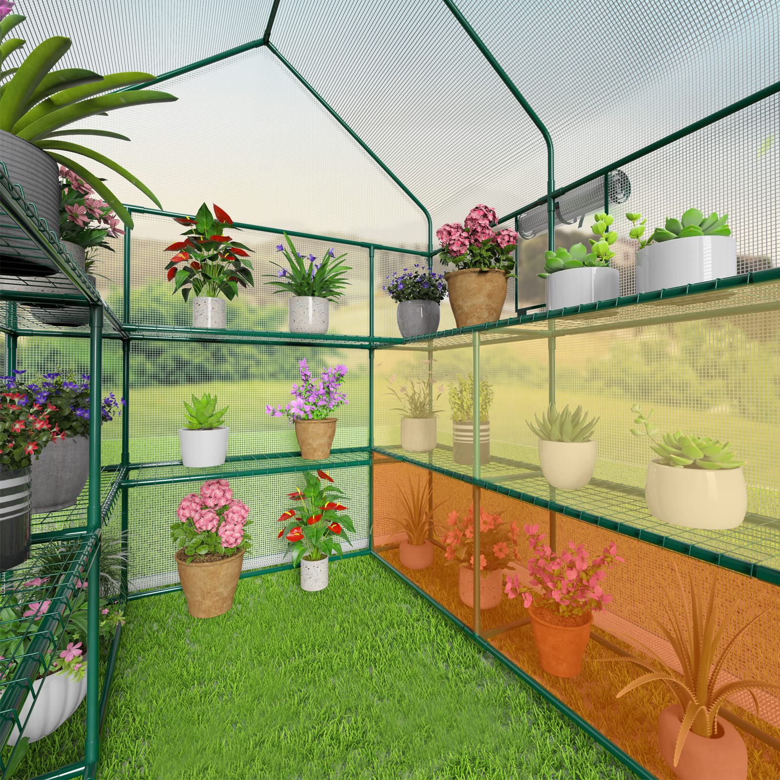 4-Tier Greenhouse with 2 Mesh Windows & 10 Shelves - Durable PE Cover with Stabilizing Pegs & Ropes - Outdoor Plant Growing Solution for Gardens, Herbs, Flowers & Seedlings - Perfect for Balcony, Patio or Backyard Gardening