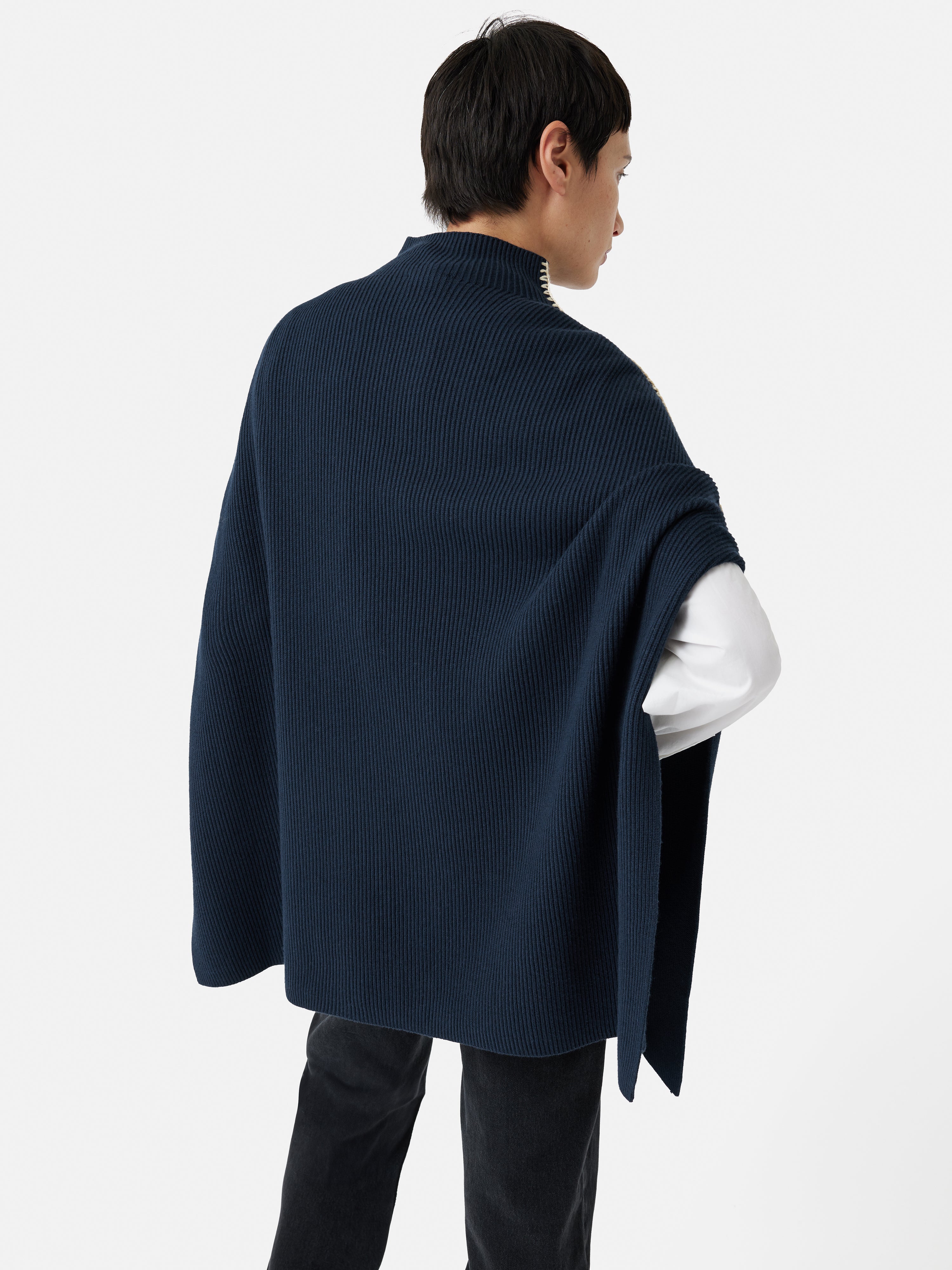 Cozy Navy Blanket Stitch Poncho for Women - Soft & Warm Knit Wrap Shawl - Perfect for Fall, Winter & Outdoor Activities
