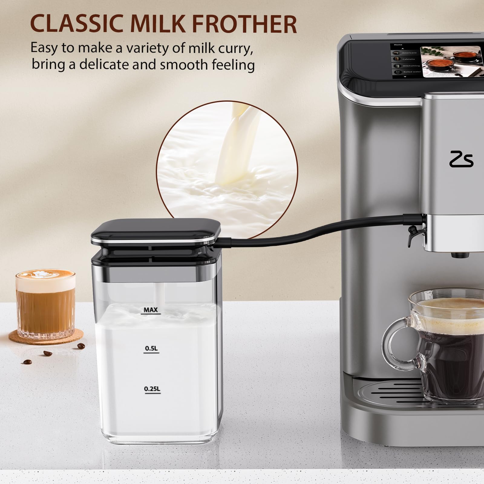 Zstar Fully Automatic Espresso Machine with Built-in Grinder & Milk Frother - 20 Bar Pressure, 7 Programmable Coffee Options, 1.5L Water Tank, Touch Display - Perfect for Home, Office & Coffee Shops