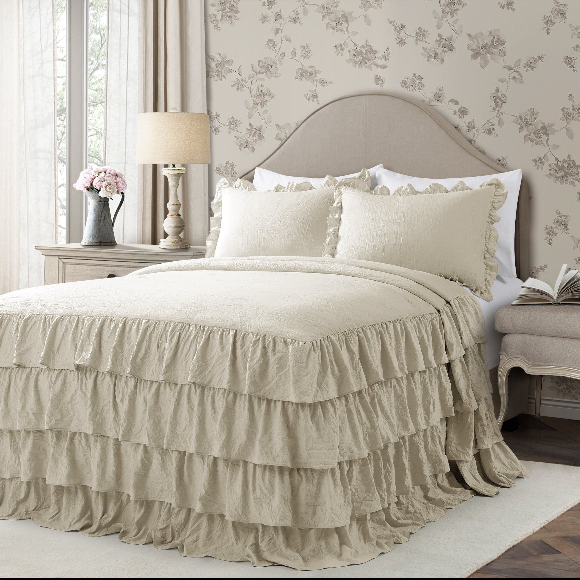 Allison Ruffle Skirt Bedspread Set - Elegant Floral Printed Queen Size Bedding with Ruffled Skirt | Perfect for Master Bedroom, Guest Room & Vacation Home Decor