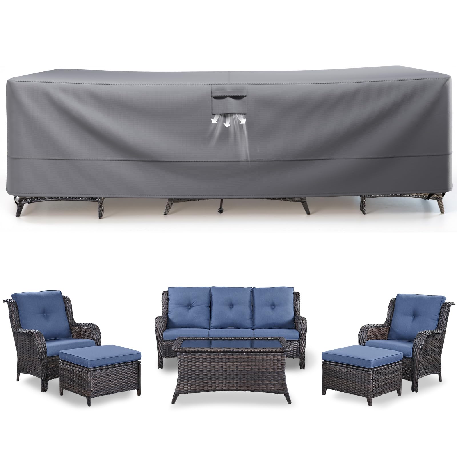 Waterproof 600D Oxford Fabric Patio Furniture Covers for 6-Piece Outdoor Set - XL Space Grey - Protects Sectional Sofa, Rocking Chairs, Ottomans & Coffee Table from Rain, Sun & Dust - Perfect for Backyard, Deck & Poolside Use