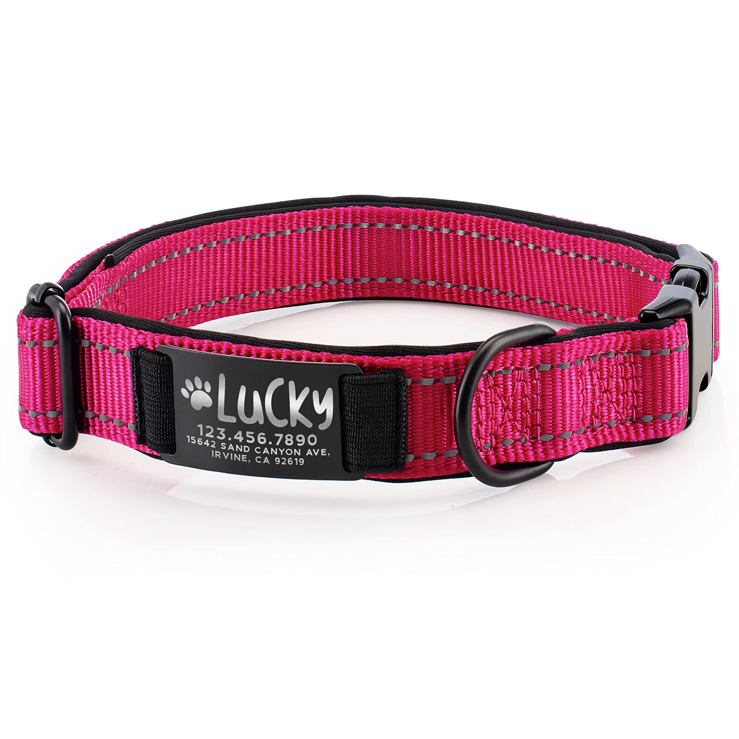 Custom Personalized Dog Collars with Engraved Metal ID Nameplate - Choose from 20 Icons, 4 Adjustable Sizes & 10 Fonts | Large Dog Collar with Name & 3 Lines Text | Hot Pink Pet Accessory for Walks, Training & Identification