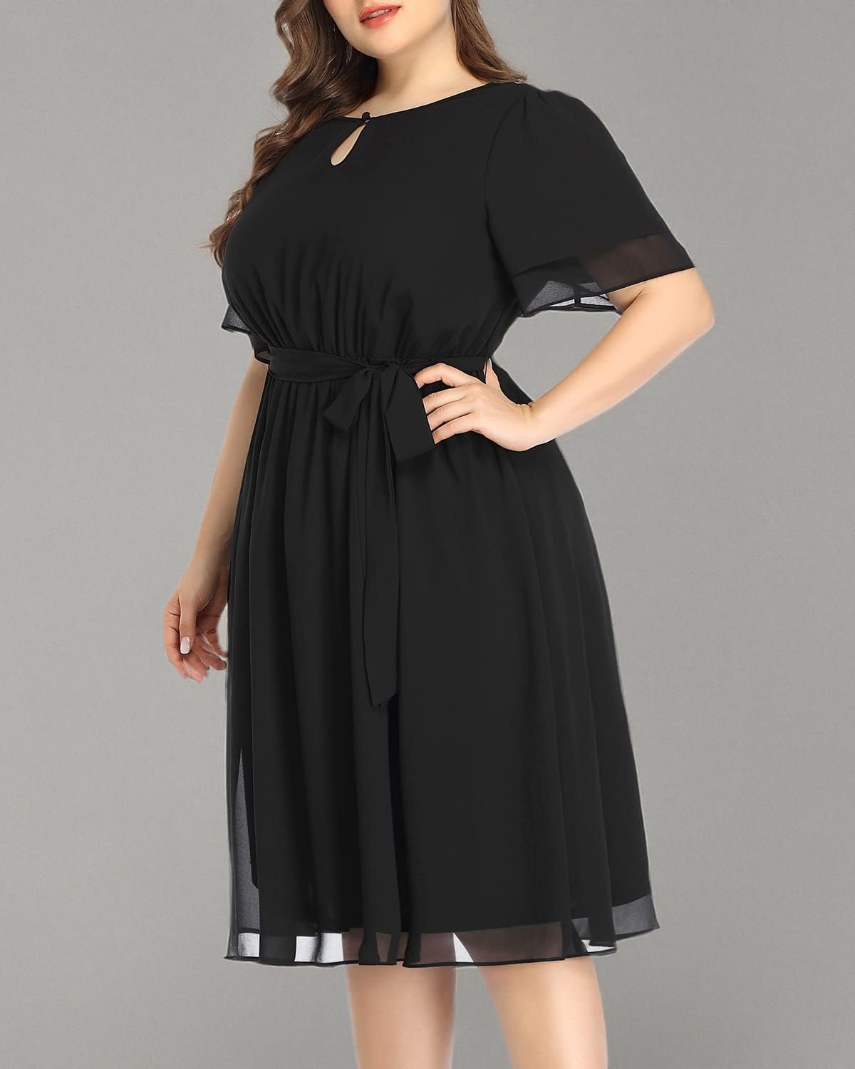 Plus Size Cocktail Dress for Women - Elegant Chiffon Semi-Formal Wedding Guest Dress with Keyhole Neckline | Perfect for Parties, Bridal Showers & Evening Events