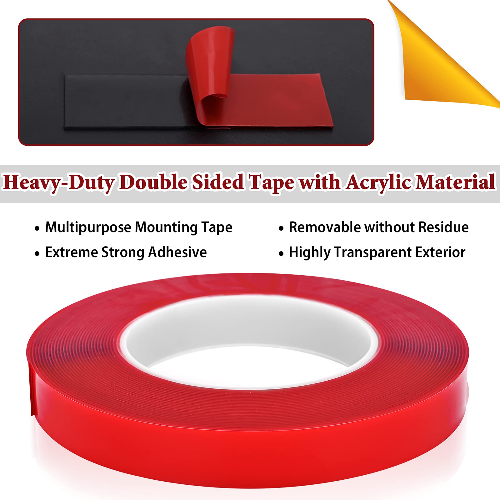 MYFAMIREA Heavy Duty Double Sided Mounting Tape - 0.2 Inch Thick Acrylic Adhesive Foam Tape for Walls, Pictures, Posters & Automotive Use (33Ft x 3 Rolls) - Perfect for Home Decor, Office Organization & Outdoor Projects