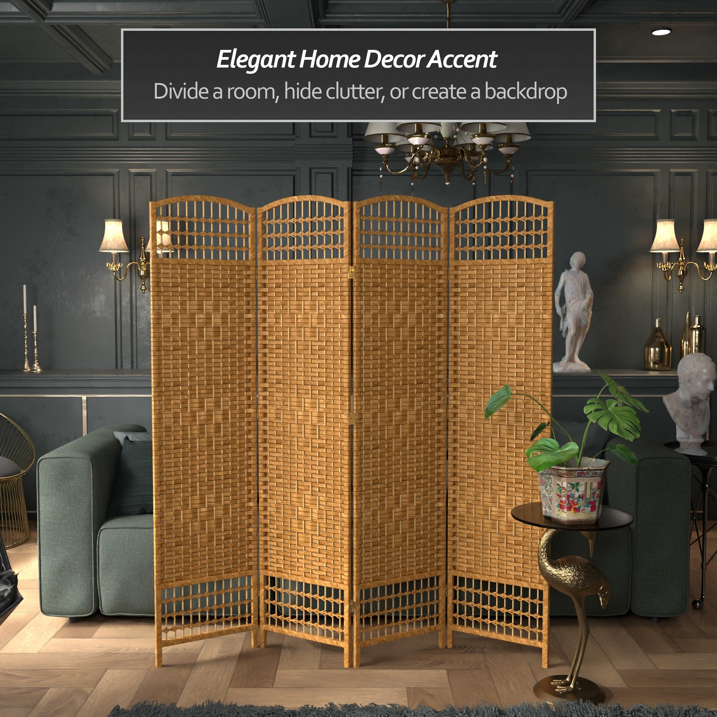 5.5 ft Tall Red Lantern Fiber Weave Light Beige Room Divider - 4 Panel Folding Screen for Home, Office, and Event Decor