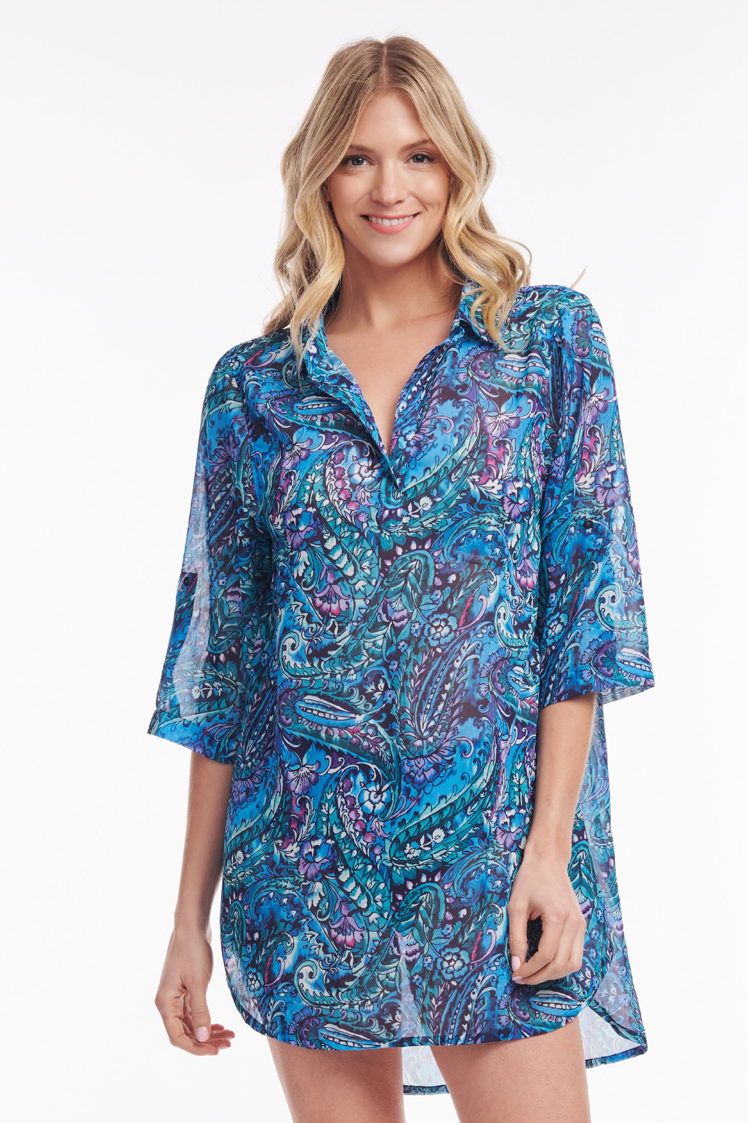Stylish Collared Pullover Tunic Coverup - Floral Paisley Print in Sea Breeze Blue | Perfect for Beach Cover-ups, Resort Wear & Casual Summer Outfits